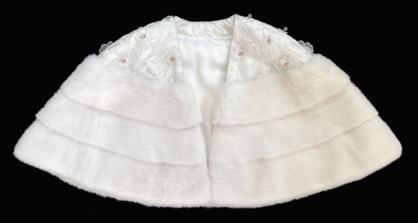 American Legend White MINK Fur Cape, Wedding Jacket, Vintage Fur Coat, Flower Beaded Ivory Bridal Gift Shawl Stole, New Old Stock