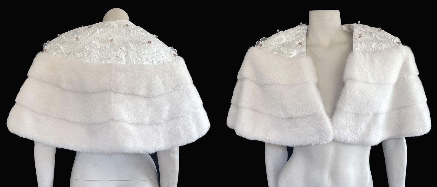American Legend White MINK Fur Cape, Wedding Jacket, Vintage Fur Coat, Flower Beaded Ivory Bridal Gift Shawl Stole, New Old Stock