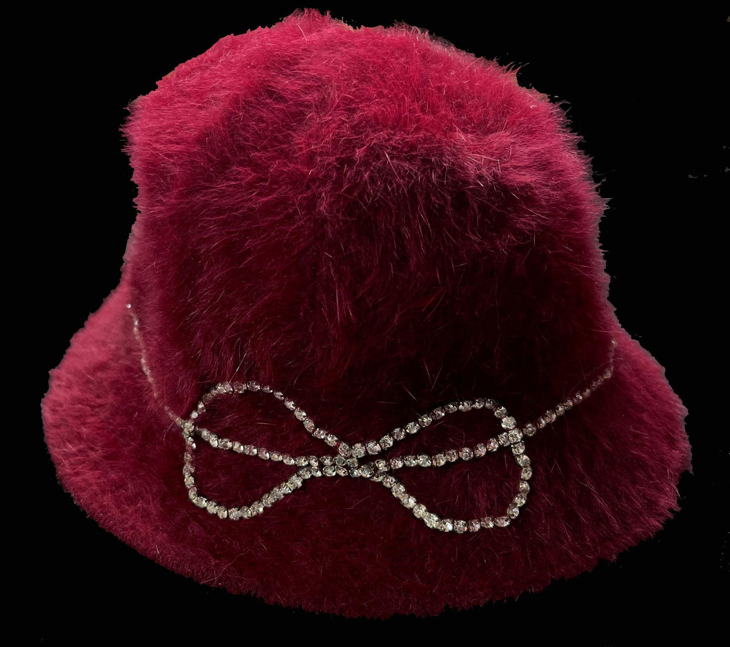 BETMAR Angora Fur Hat, Burgundy Real Vintage Women's Brim Cap, Red Crystal Rhinestone Bow, Great Gatsby Cloche Bucket Hat, Speakeasy Gift