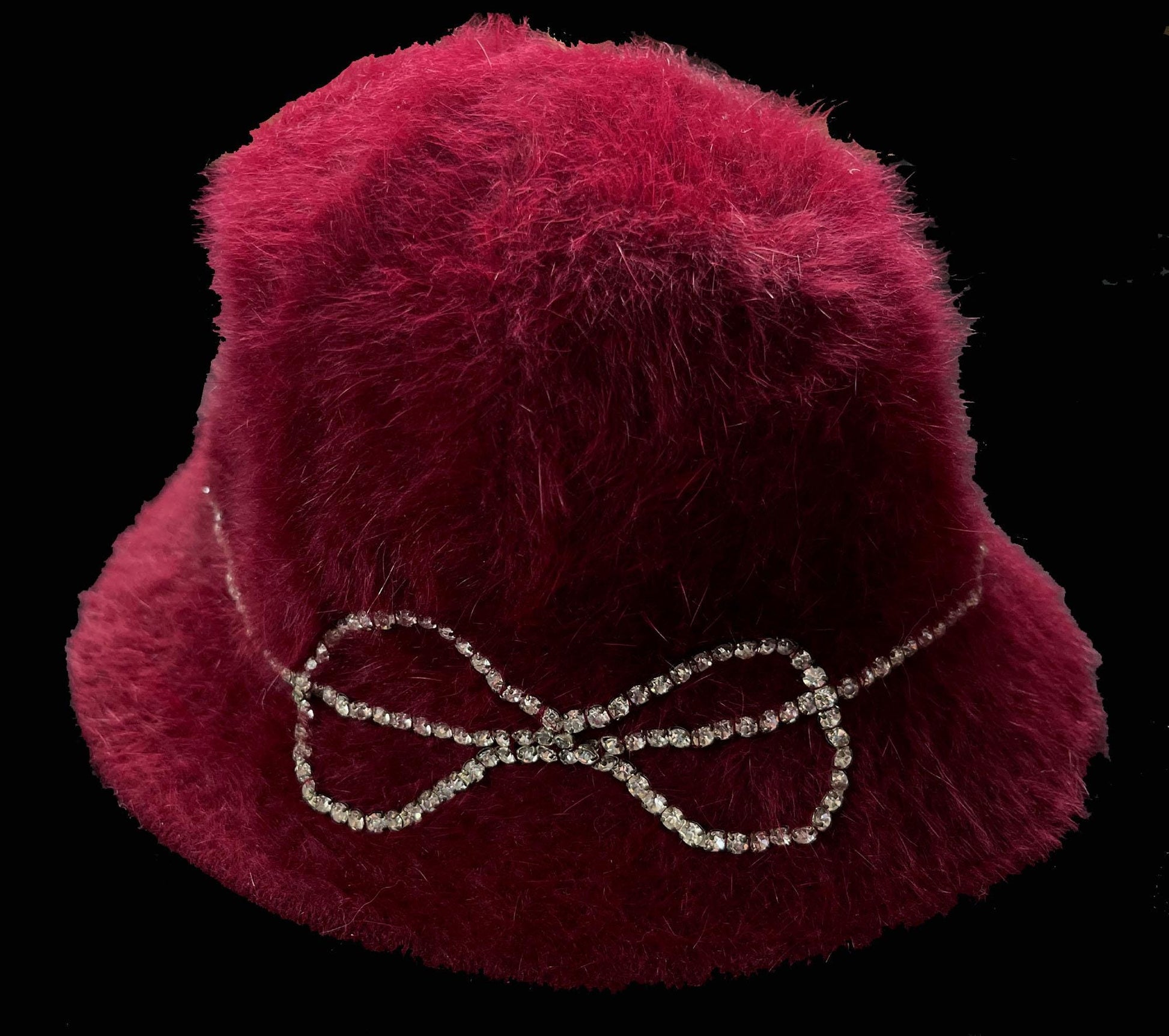 BETMAR Angora Fur Hat, Burgundy Real Vintage Women's Brim Cap, Red Crystal Rhinestone Bow, Great Gatsby Cloche Bucket Hat, Speakeasy Gift