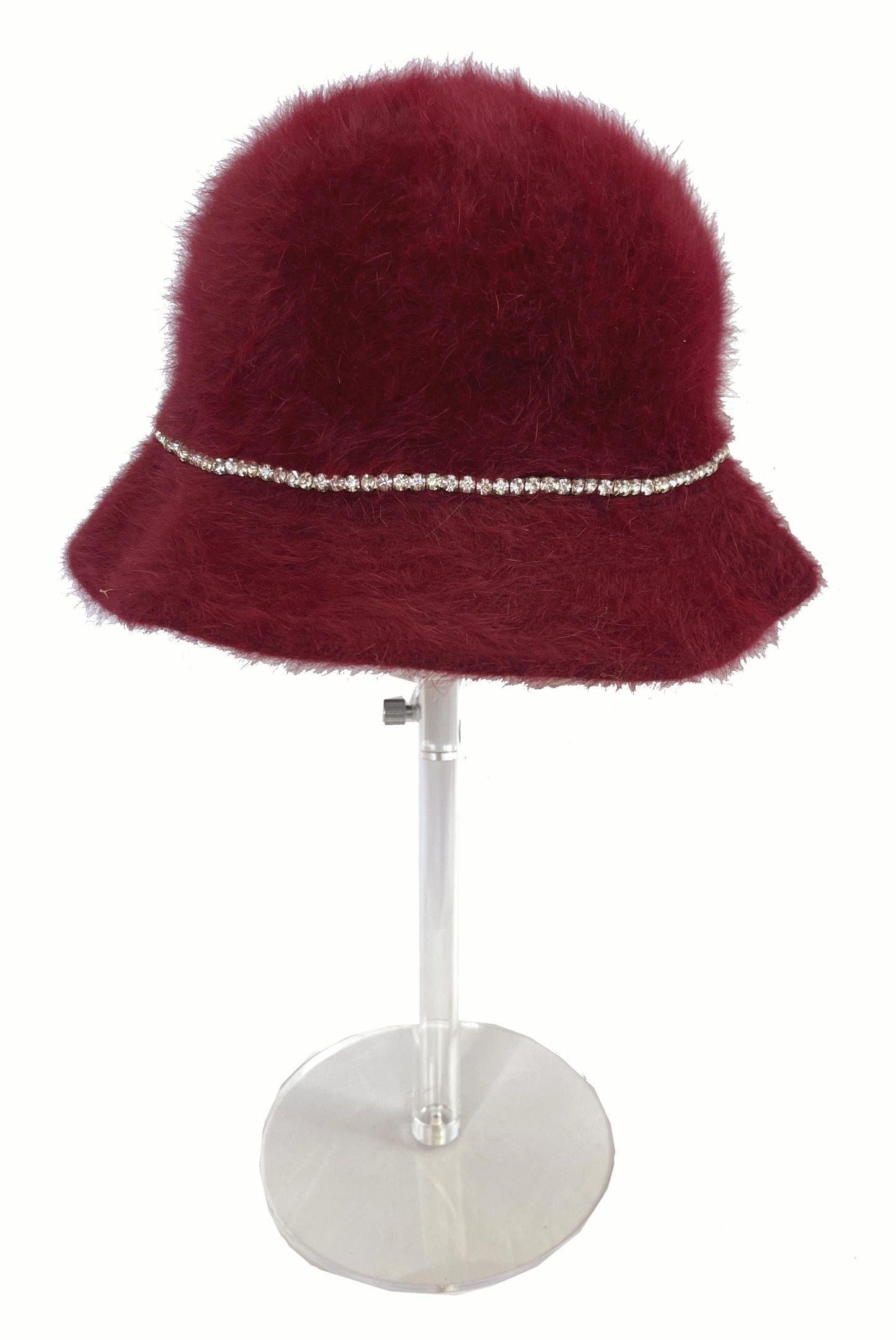 BETMAR Angora Fur Hat, Burgundy Real Vintage Women's Brim Cap, Red Crystal Rhinestone Bow, Great Gatsby Cloche Bucket Hat, Speakeasy Gift