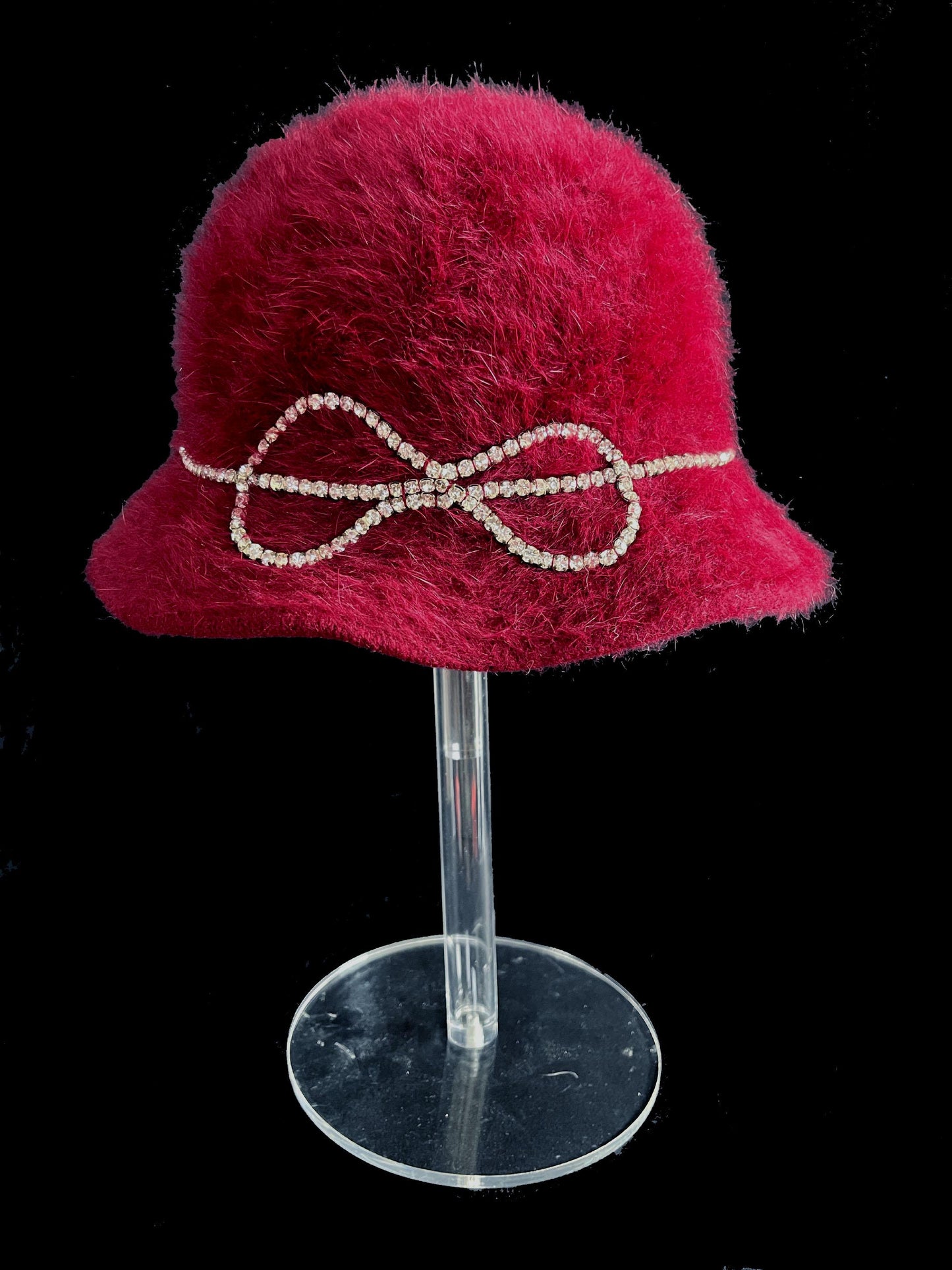 BETMAR Angora Fur Hat, Burgundy Real Vintage Women's Brim Cap, Red Crystal Rhinestone Bow, Great Gatsby Cloche Bucket Hat, Speakeasy Gift