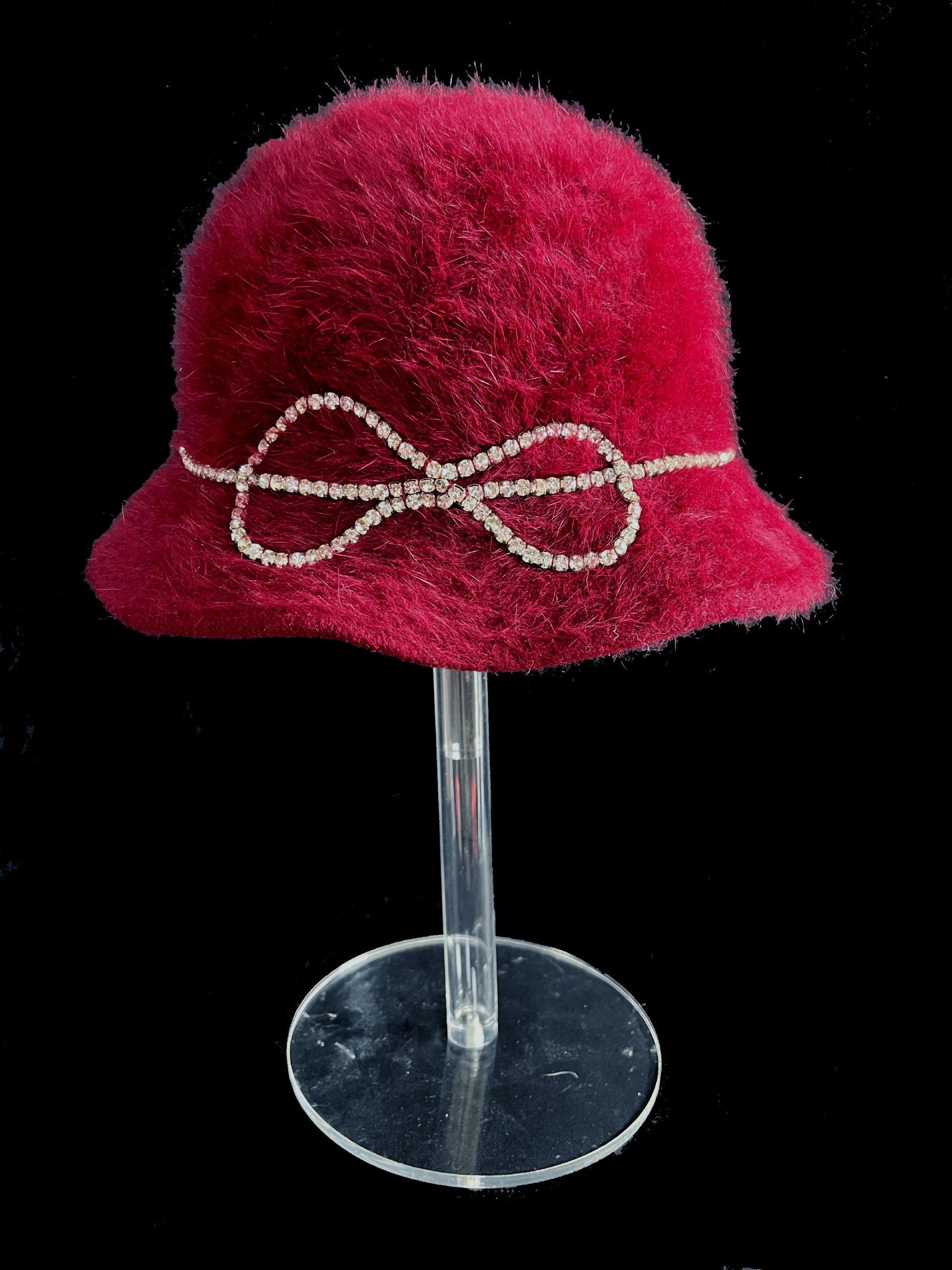 BETMAR Angora Fur Hat, Burgundy Real Vintage Women's Brim Cap, Red Crystal Rhinestone Bow, Great Gatsby Cloche Bucket Hat, Speakeasy Gift