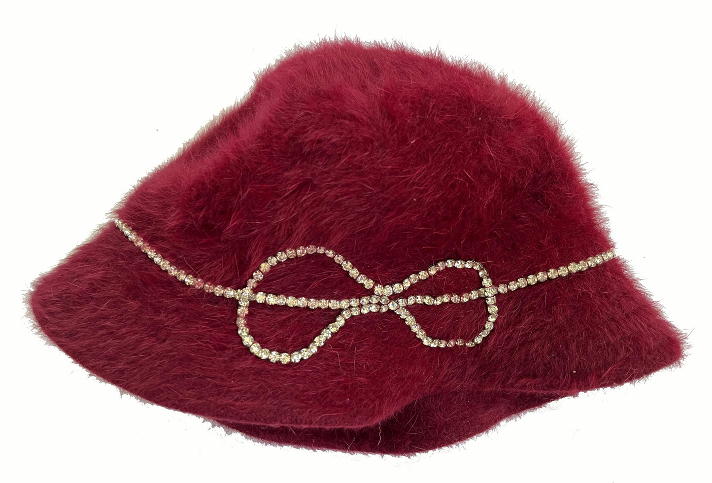 BETMAR Angora Fur Hat, Burgundy Real Vintage Women's Brim Cap, Red Crystal Rhinestone Bow, Great Gatsby Cloche Bucket Hat, Speakeasy Gift