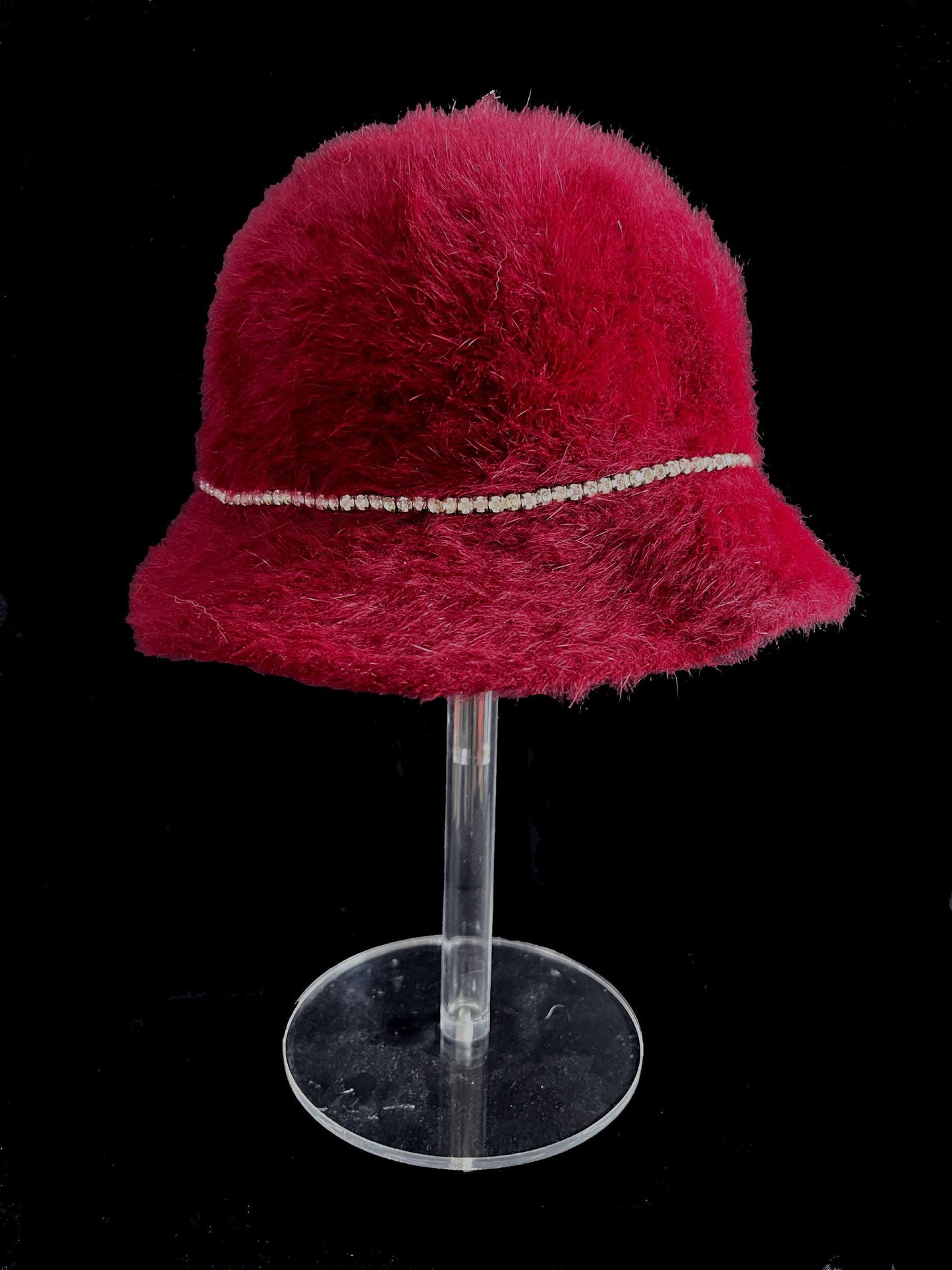 BETMAR Angora Fur Hat, Burgundy Real Vintage Women's Brim Cap, Red Crystal Rhinestone Bow, Great Gatsby Cloche Bucket Hat, Speakeasy Gift