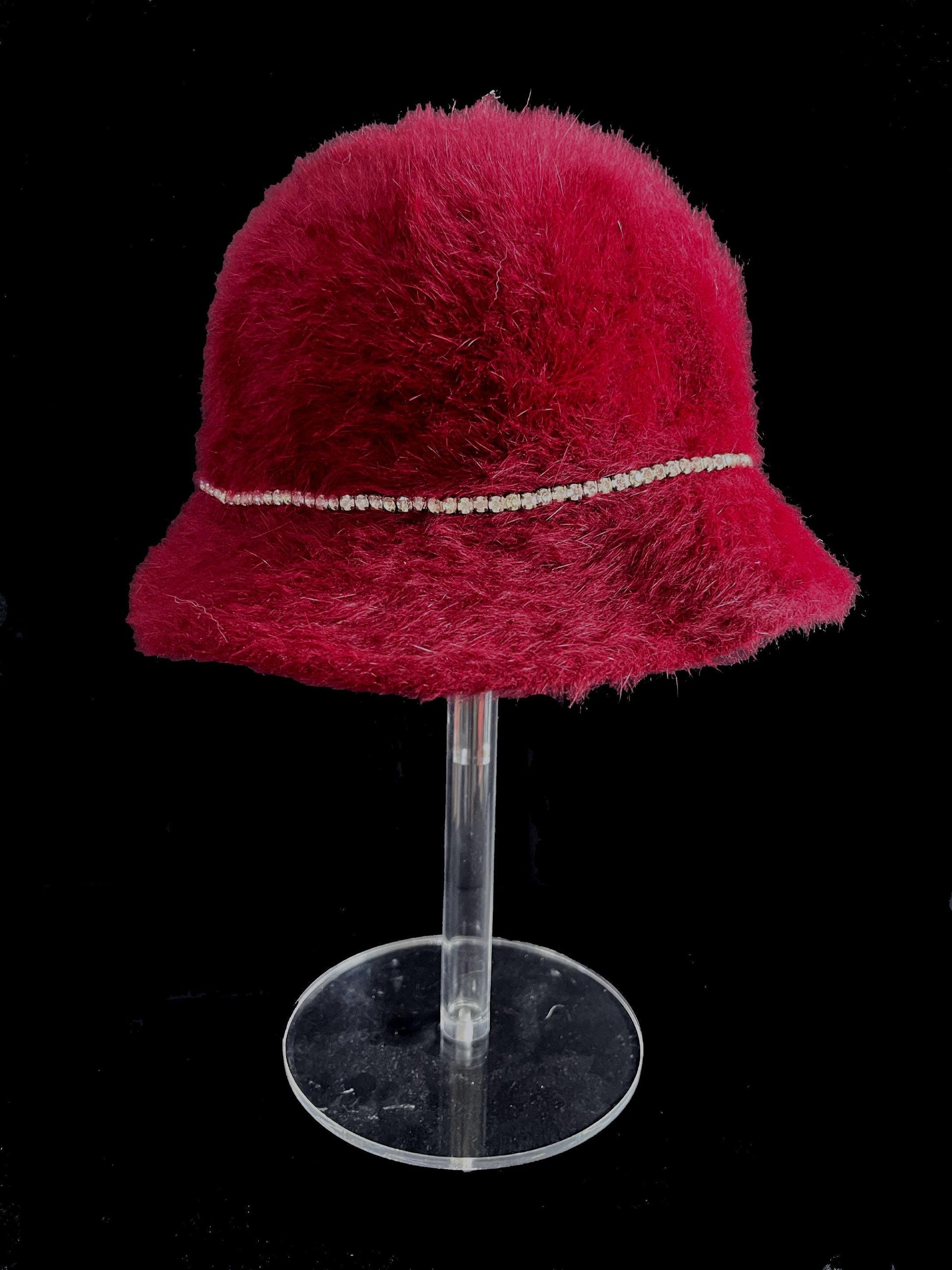 BETMAR Angora Fur Hat, Burgundy Real Vintage Women's Brim Cap, Red Crystal Rhinestone Bow, Great Gatsby Cloche Bucket Hat, Speakeasy Gift