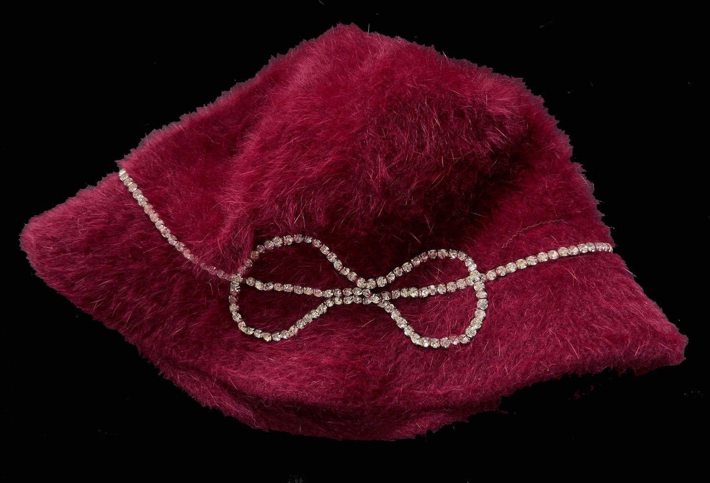 BETMAR Angora Fur Hat, Burgundy Real Vintage Women's Brim Cap, Red Crystal Rhinestone Bow, Great Gatsby Cloche Bucket Hat, Speakeasy Gift