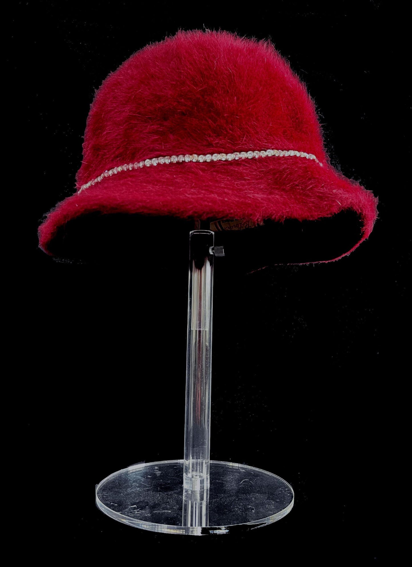 BETMAR Angora Fur Hat, Burgundy Real Vintage Women's Brim Cap, Red Crystal Rhinestone Bow, Great Gatsby Cloche Bucket Hat, Speakeasy Gift