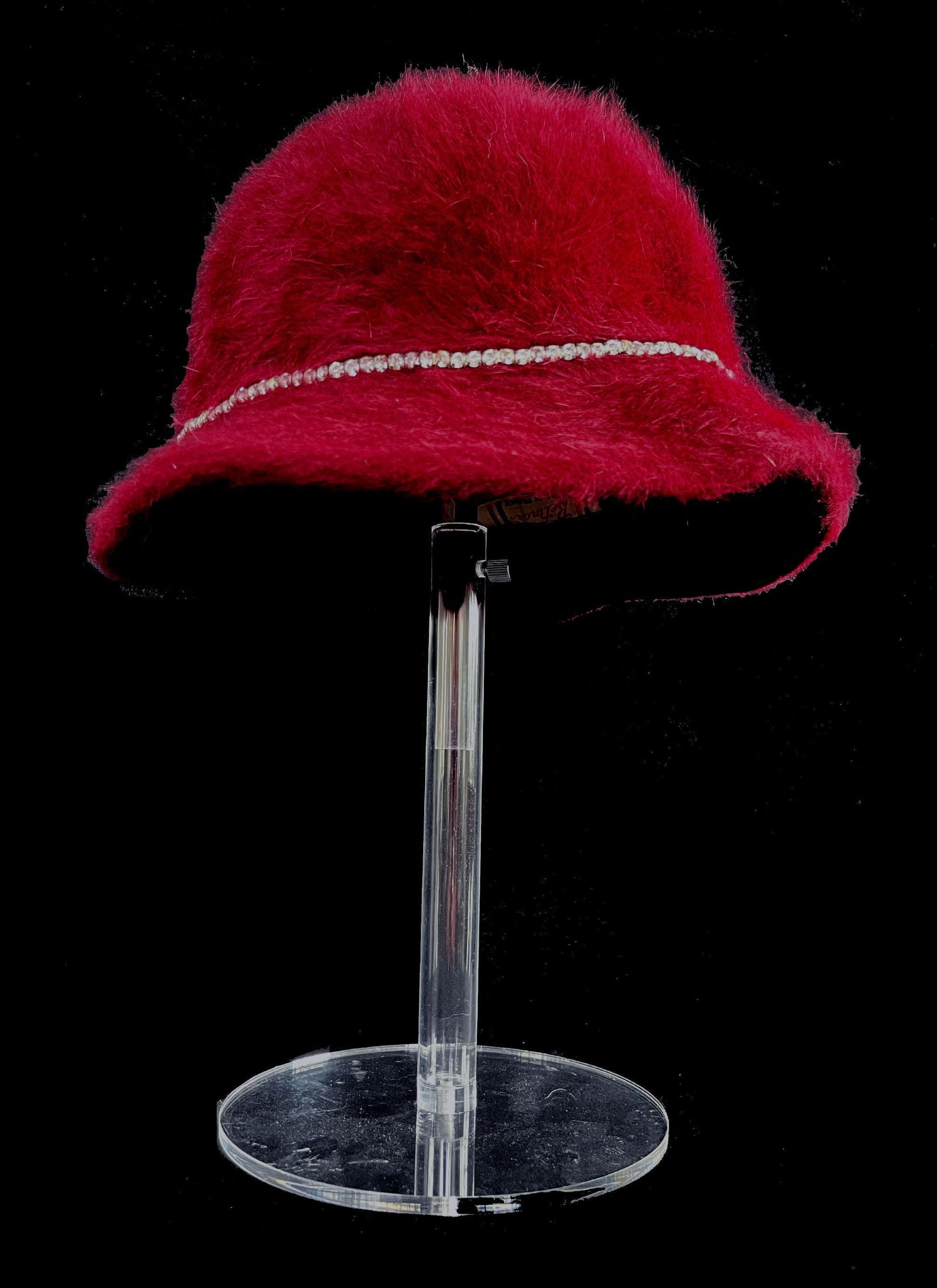 BETMAR Angora Fur Hat, Burgundy Real Vintage Women's Brim Cap, Red Crystal Rhinestone Bow, Great Gatsby Cloche Bucket Hat, Speakeasy Gift