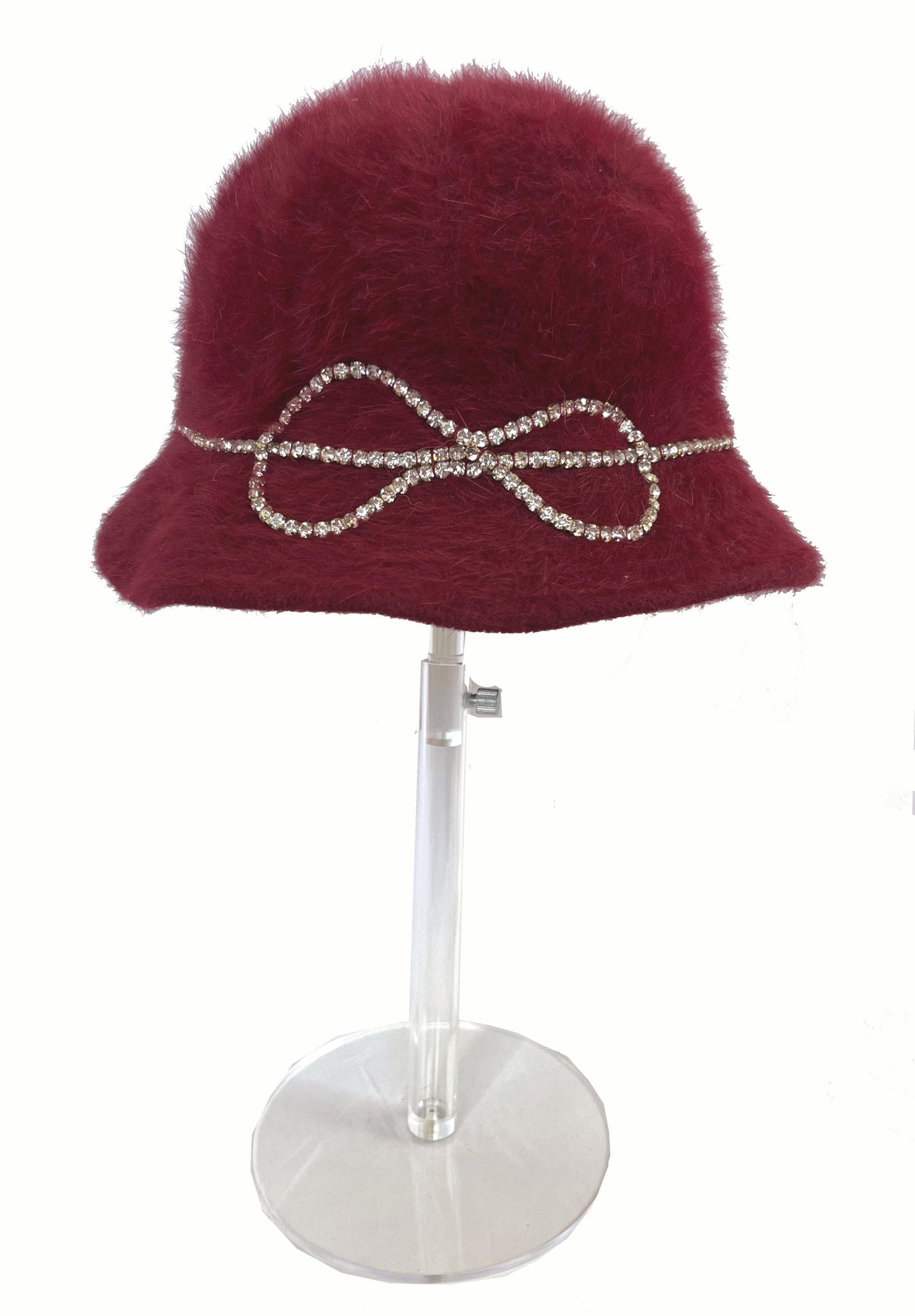 BETMAR Angora Fur Hat, Burgundy Real Vintage Women's Brim Cap, Red Crystal Rhinestone Bow, Great Gatsby Cloche Bucket Hat, Speakeasy Gift