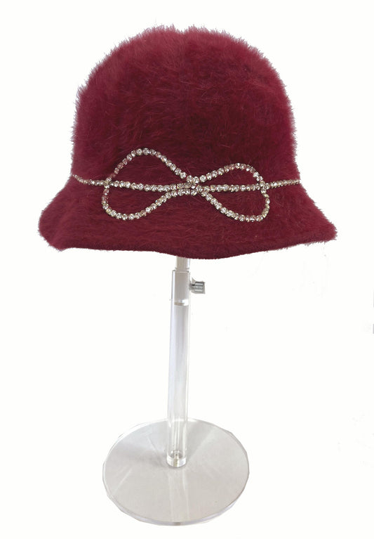 BETMAR Angora Fur Hat, Burgundy Real Vintage Women's Brim Cap, Red Crystal Rhinestone Bow, Great Gatsby Cloche Bucket Hat, Speakeasy Gift