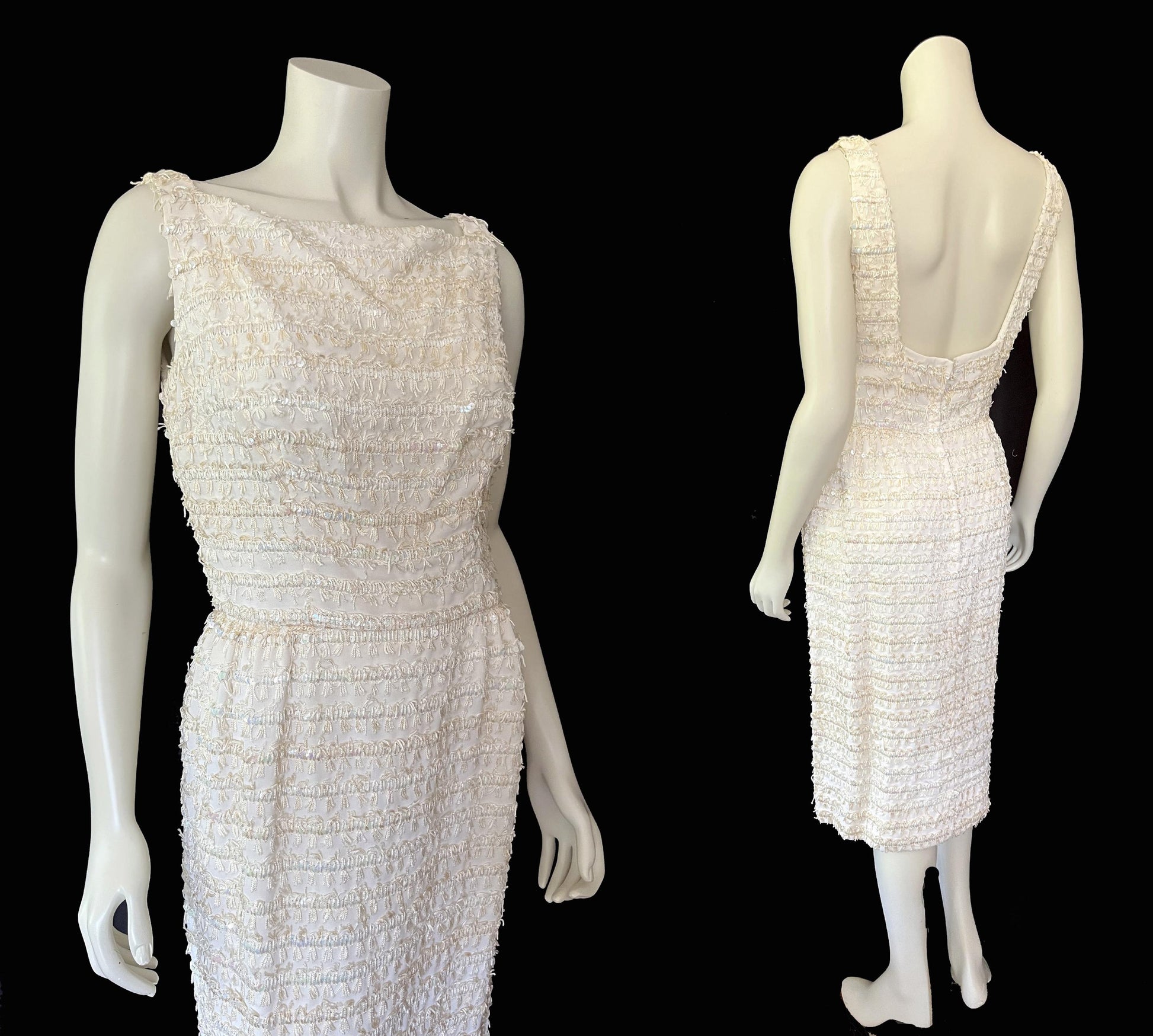 Vintage Sequined Sheath Wiggle Dress, '60s 50s Flapper, Ivory Bridal Wedding Gown, Gift for Her