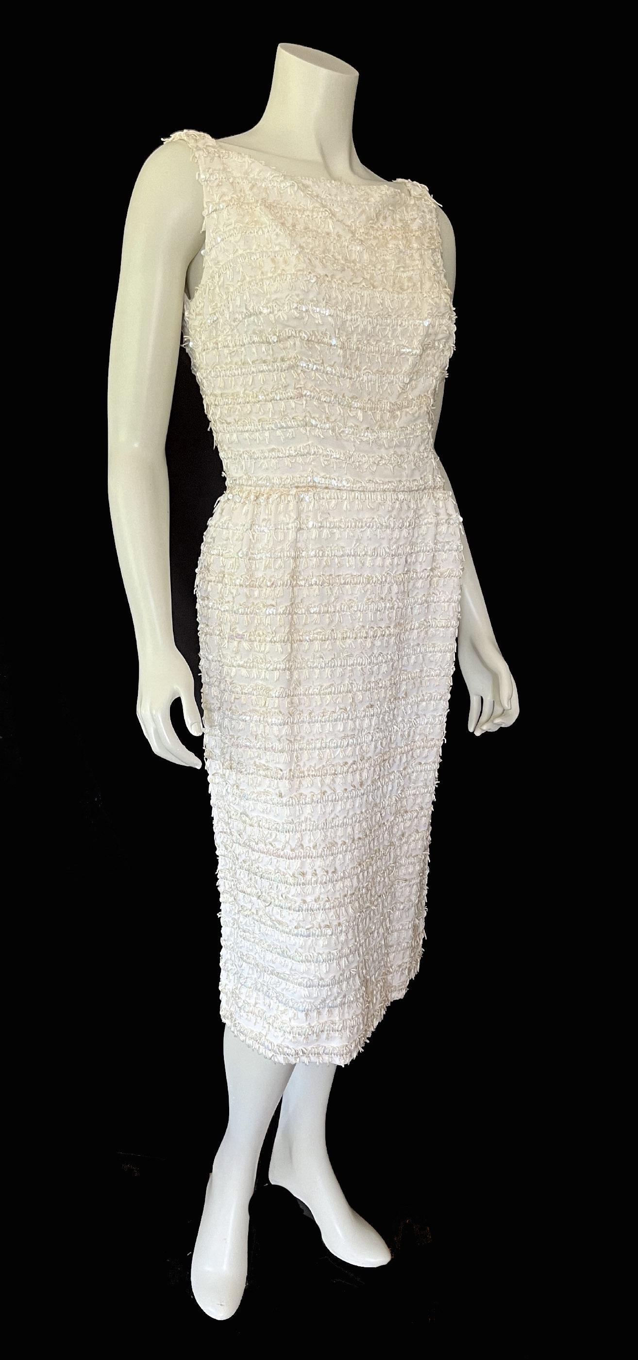 Vintage Sequined Sheath Wiggle Dress, '60s 50s Flapper, Ivory Bridal Wedding Gown, Gift for Her