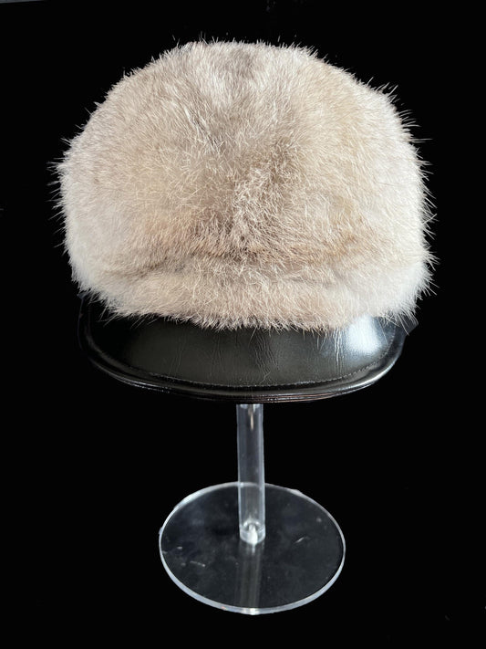 Rabbit Fur Brim Cap, Ivory Brown Real Vintage Hat, Beautiful Off-White Retro Newsboy for Vintage Fox Coat, Disco '70s '60s Apres Ski Hat