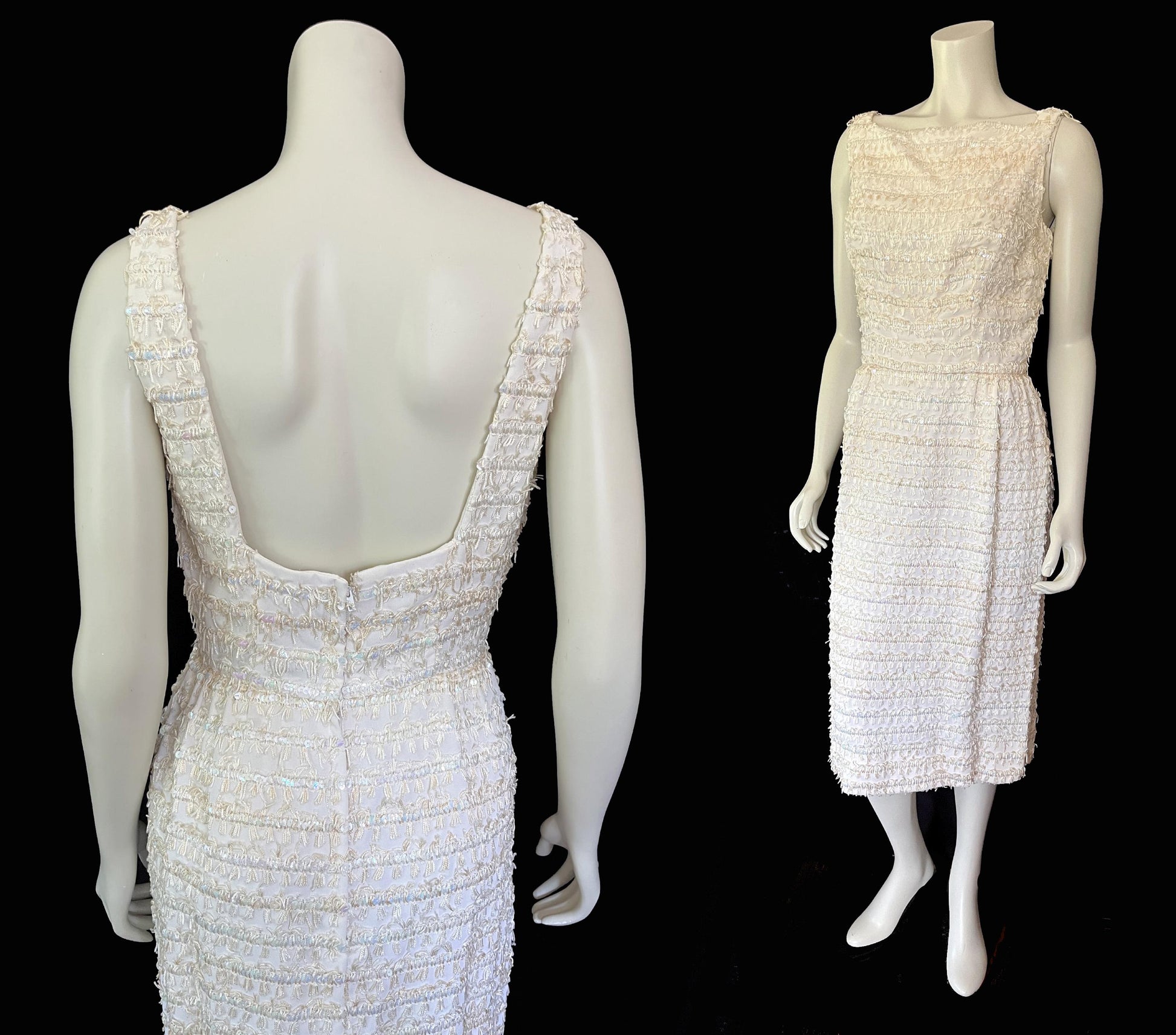 Vintage Sequined Sheath Wiggle Dress, '60s 50s Flapper, Ivory Bridal Wedding Gown, Gift for Her