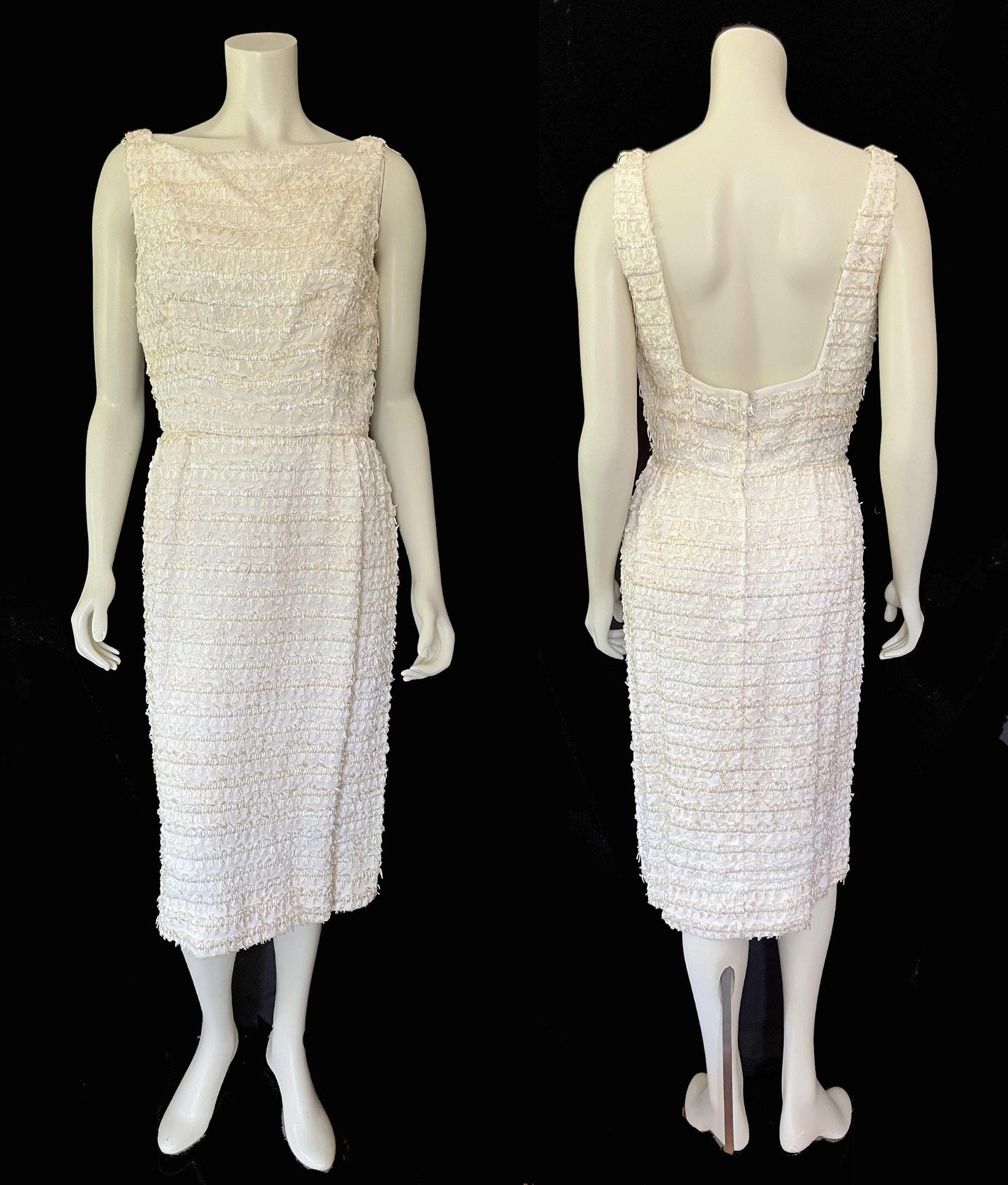 Vintage Sequined Sheath Wiggle Dress, '60s 50s Flapper, Ivory Bridal Wedding Gown, Gift for Her