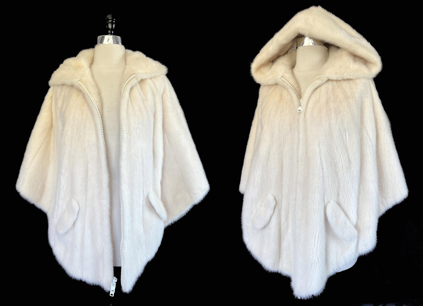 Ivory MINK Fur Hooded Cape, Winter Wedding Bridal Cloak, Cream White Blonde 1970s Jacket Coat Poncho Stole Shawl, Real Vintage Gift for Her