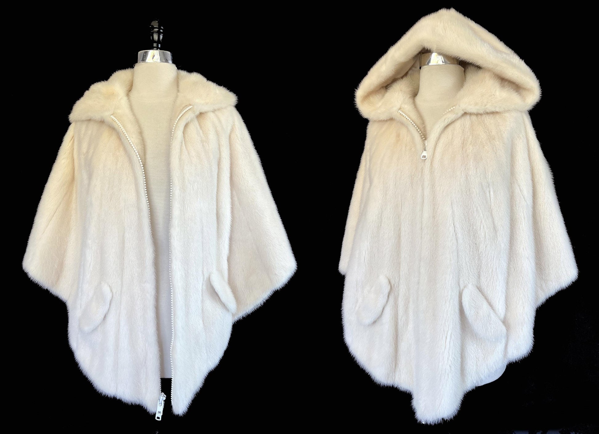 Ivory MINK Fur Hooded Cape, Winter Wedding Bridal Cloak, Cream White Blonde 1970s Jacket Coat Poncho Stole Shawl, Real Vintage Gift for Her