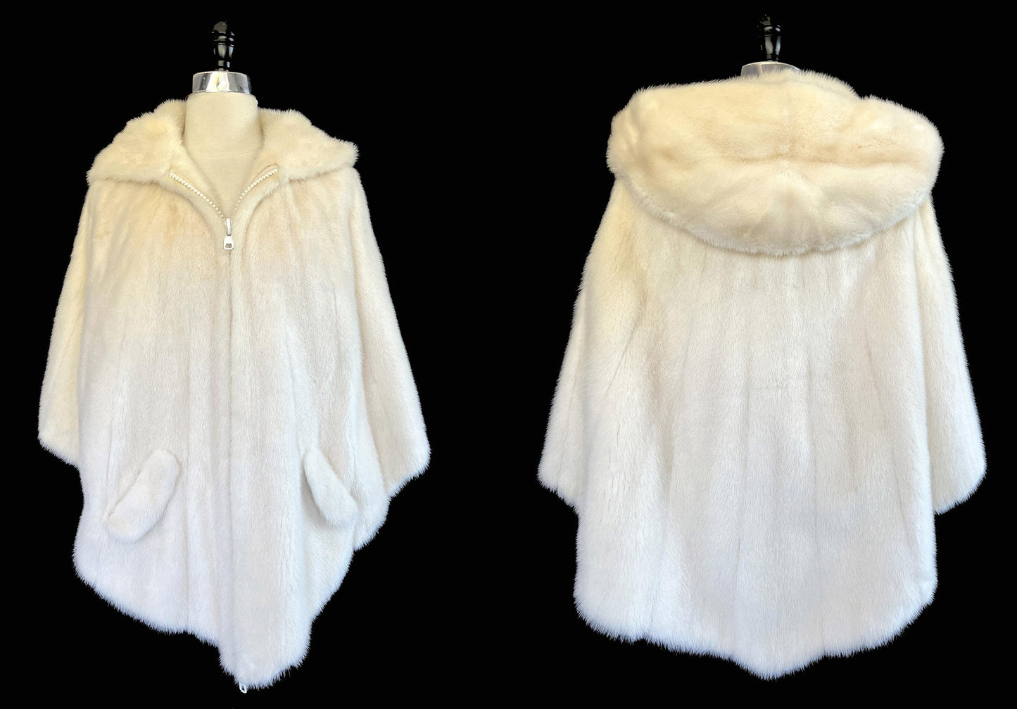 Ivory MINK Fur Hooded Cape, Winter Wedding Bridal Cloak, Cream White Blonde 1970s Jacket Coat Poncho Stole Shawl, Real Vintage Gift for Her