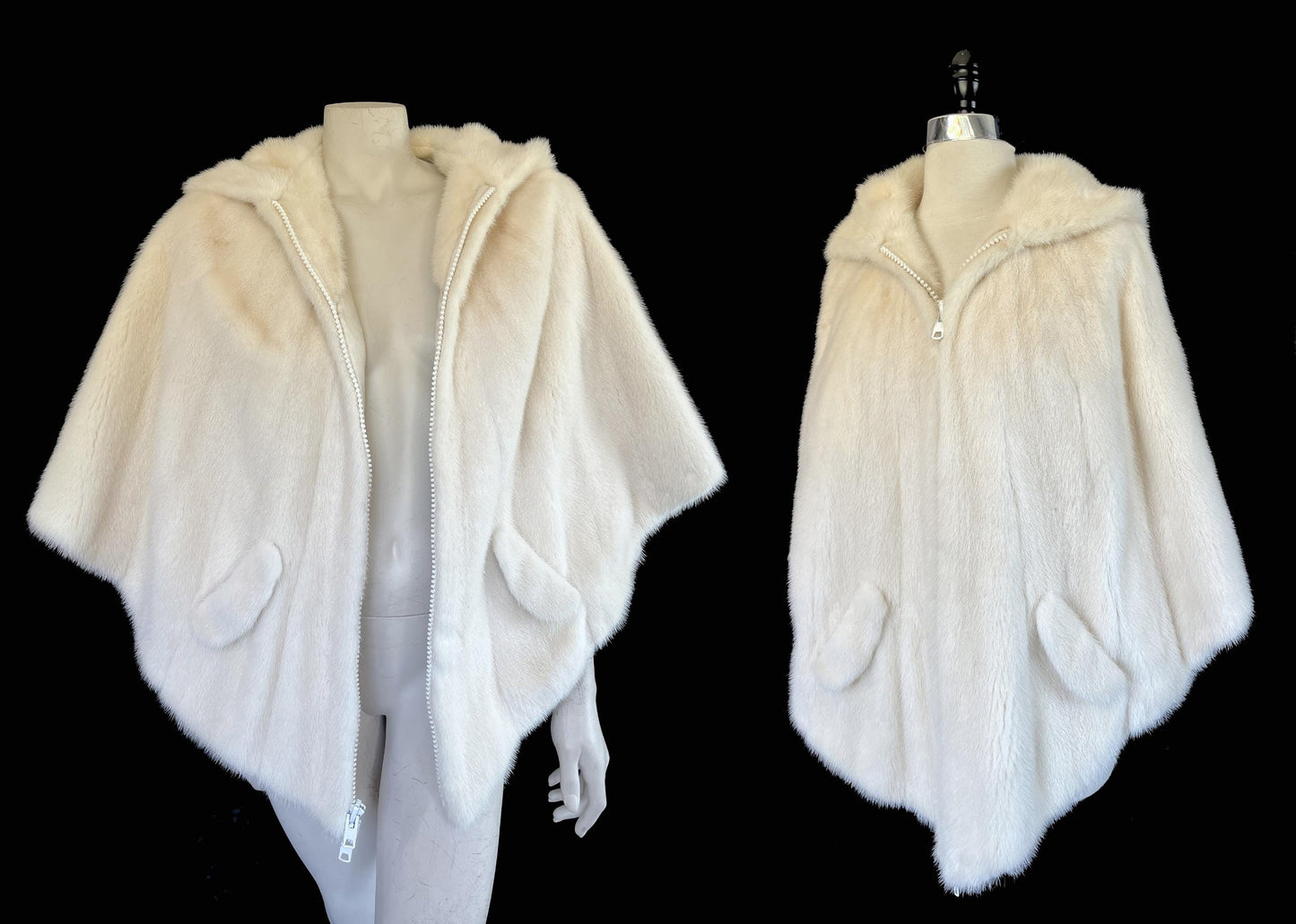 Ivory MINK Fur Hooded Cape, Winter Wedding Bridal Cloak, Cream White Blonde 1970s Jacket Coat Poncho Stole Shawl, Real Vintage Gift for Her