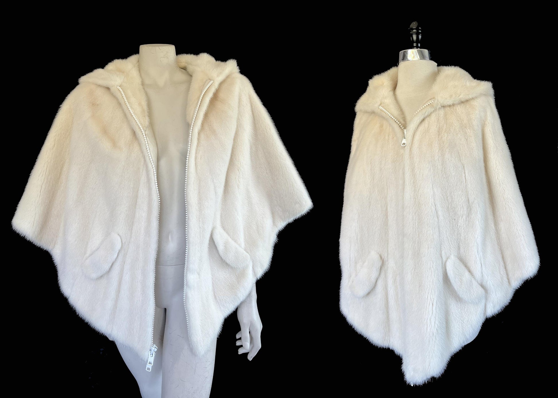 Ivory MINK Fur Hooded Cape, Winter Wedding Bridal Cloak, Cream White Blonde 1970s Jacket Coat Poncho Stole Shawl, Real Vintage Gift for Her