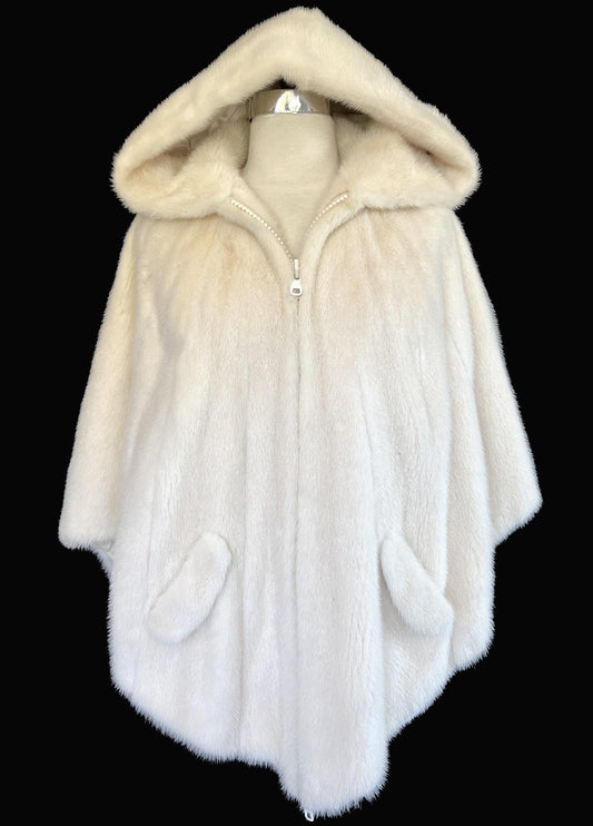 Ivory MINK Fur Hooded Cape, Winter Wedding Bridal Cloak, Cream White Blonde 1970s Jacket Coat Poncho Stole Shawl, Real Vintage Gift for Her