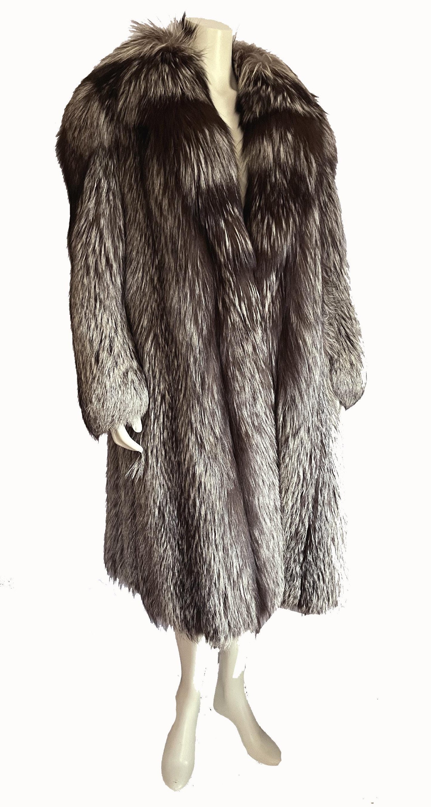 Silver FOX Fur Coat, Brown Vintage Long Jacket, Apres Ski Mob Wife Style, Hollywood Celebrity Party Gift, Full Length, Large XL