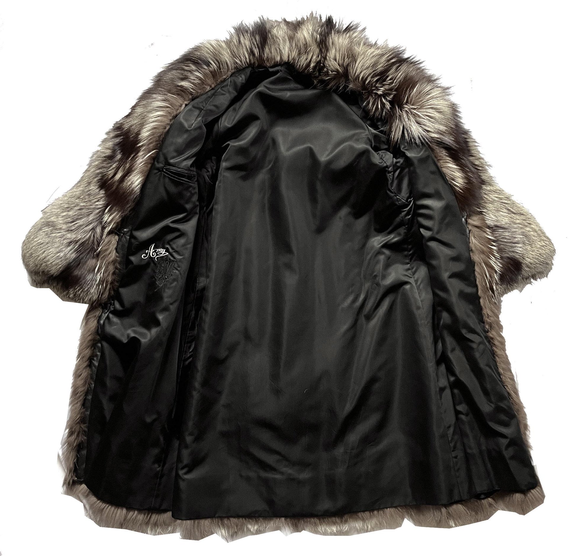 Silver FOX Fur Coat, Brown Vintage Long Jacket, Apres Ski Mob Wife Style, Hollywood Celebrity Party Gift, Full Length, Large XL