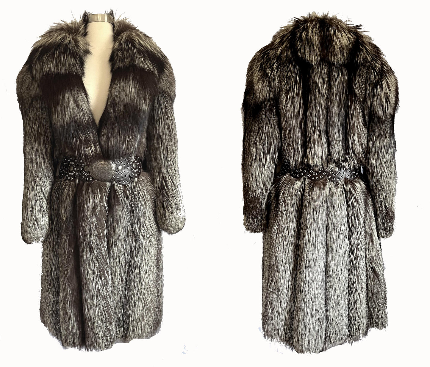 Silver FOX Fur Coat, Brown Vintage Long Jacket, Apres Ski Mob Wife Style, Hollywood Celebrity Party Gift, Full Length, Large XL