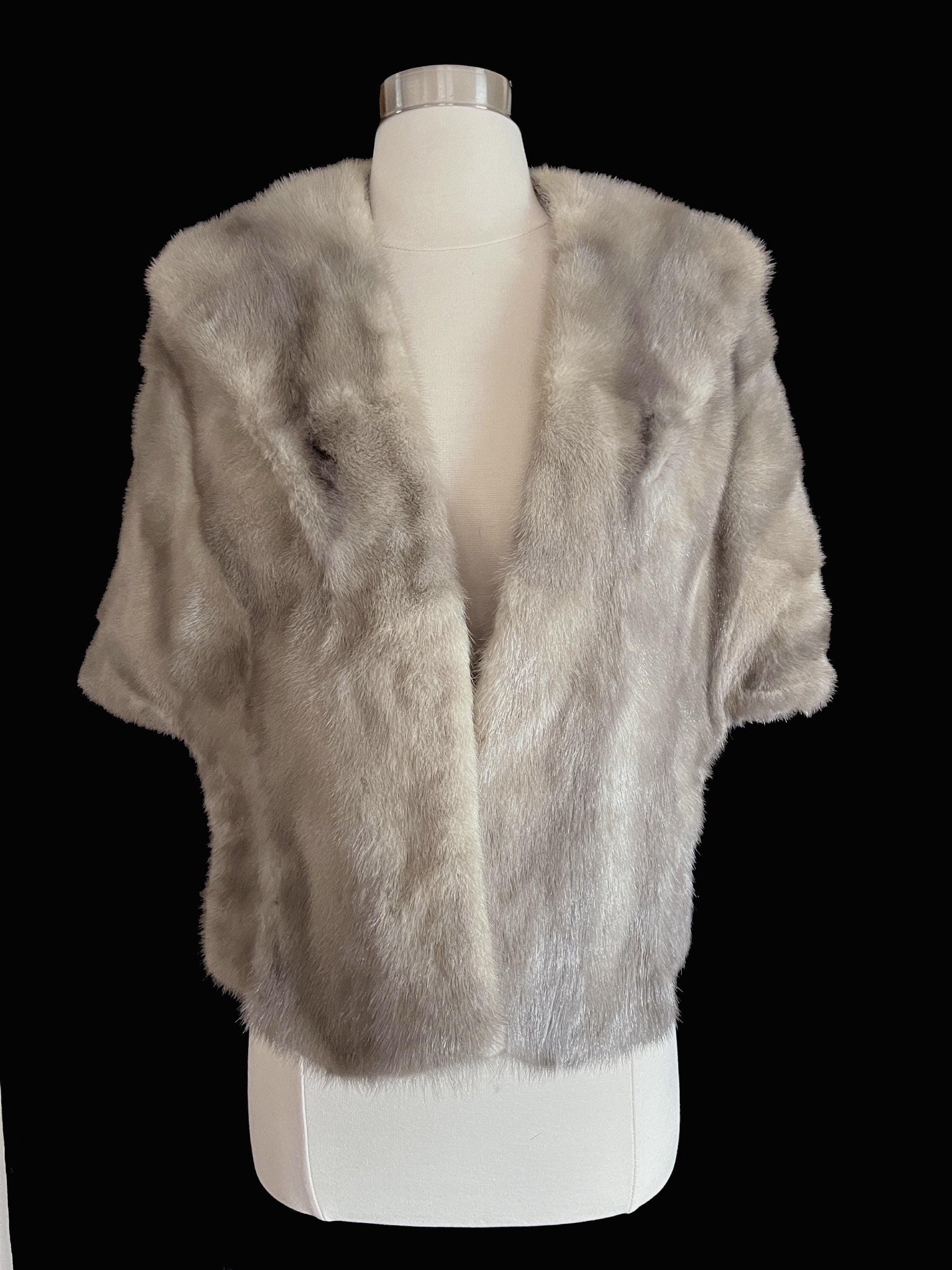 Silver MINK Fur Stole, Cerulean Real Vintage Shawl, Sapphire Winter Wedding Jacket Cape, Bridal Bridesmaid Mother of the Bride, Small XS