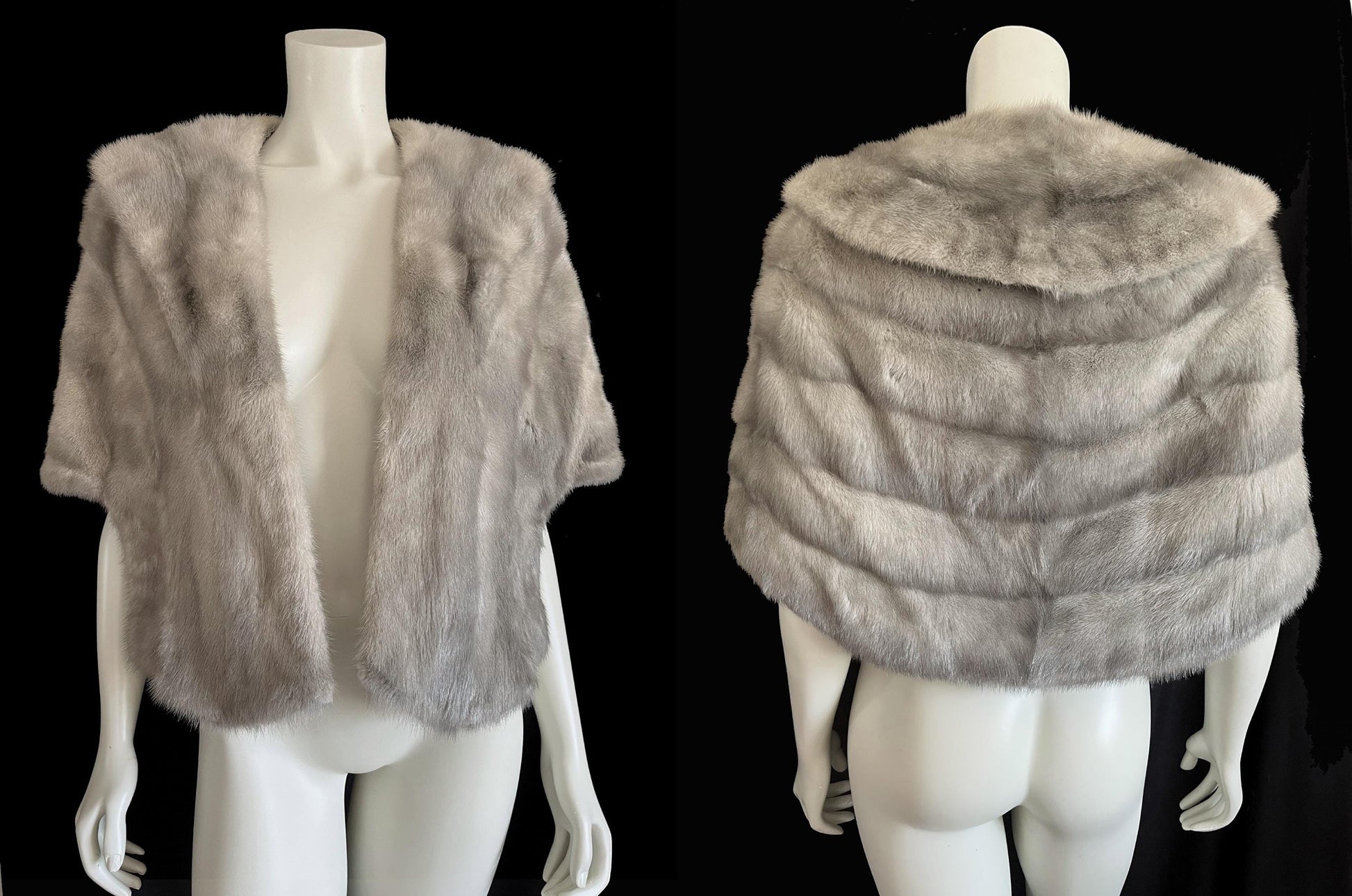 Silver MINK Fur Stole, Cerulean Real Vintage Shawl, Sapphire Winter Wedding Jacket Cape, Bridal Bridesmaid Mother of the Bride, Small XS