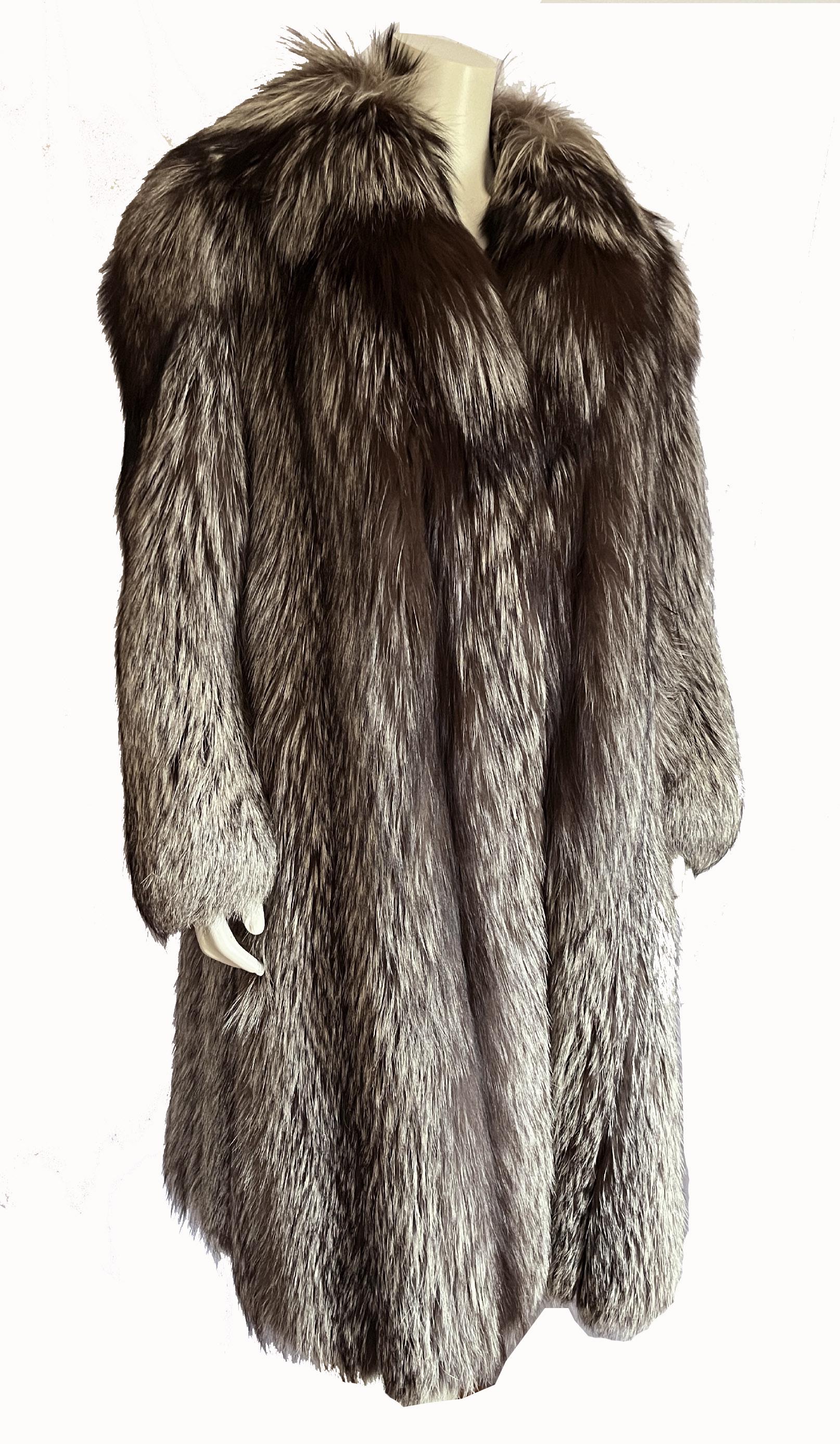 Silver FOX Fur Coat, Brown Vintage Long Jacket, Apres Ski Mob Wife Style, Hollywood Celebrity Party Gift, Full Length, Large XL