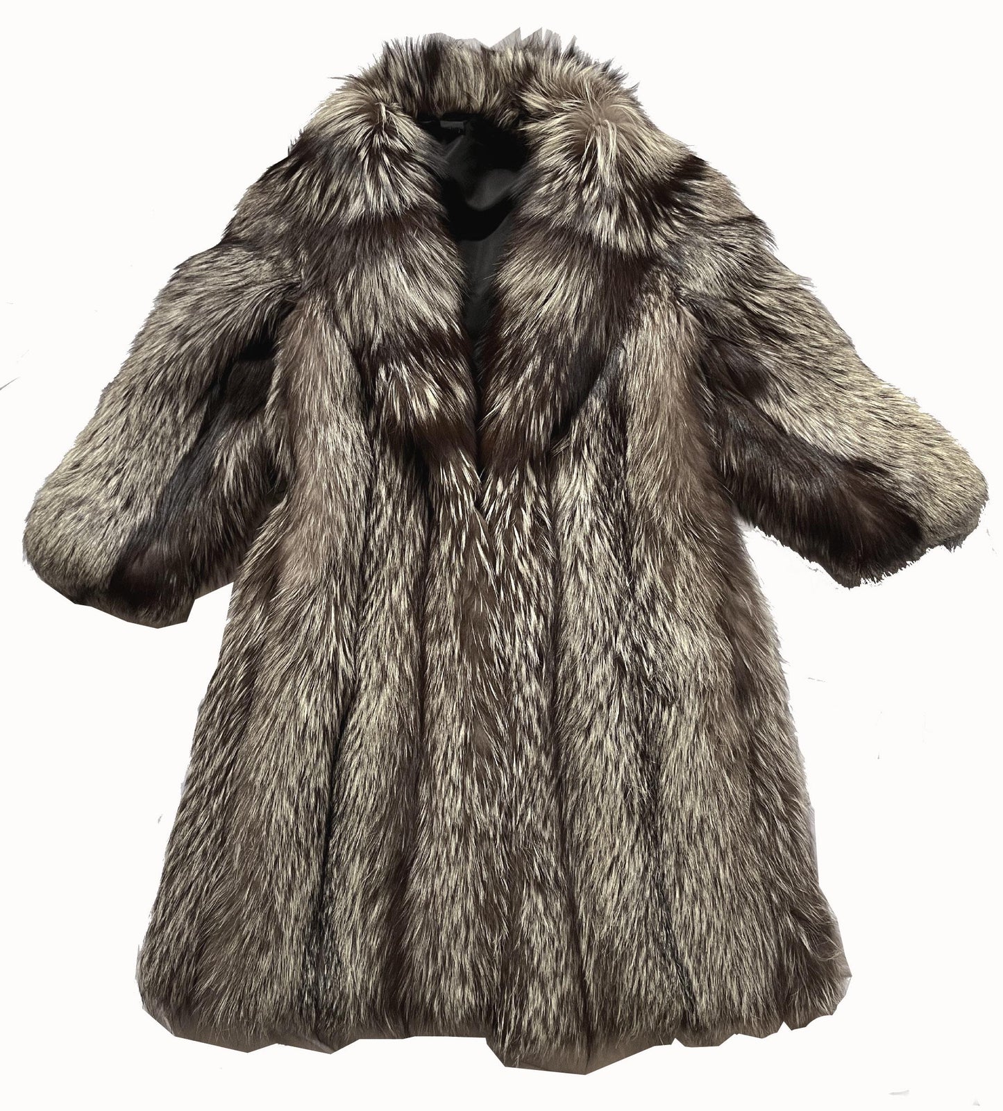Silver FOX Fur Coat, Brown Vintage Long Jacket, Apres Ski Mob Wife Style, Hollywood Celebrity Party Gift, Full Length, Large XL