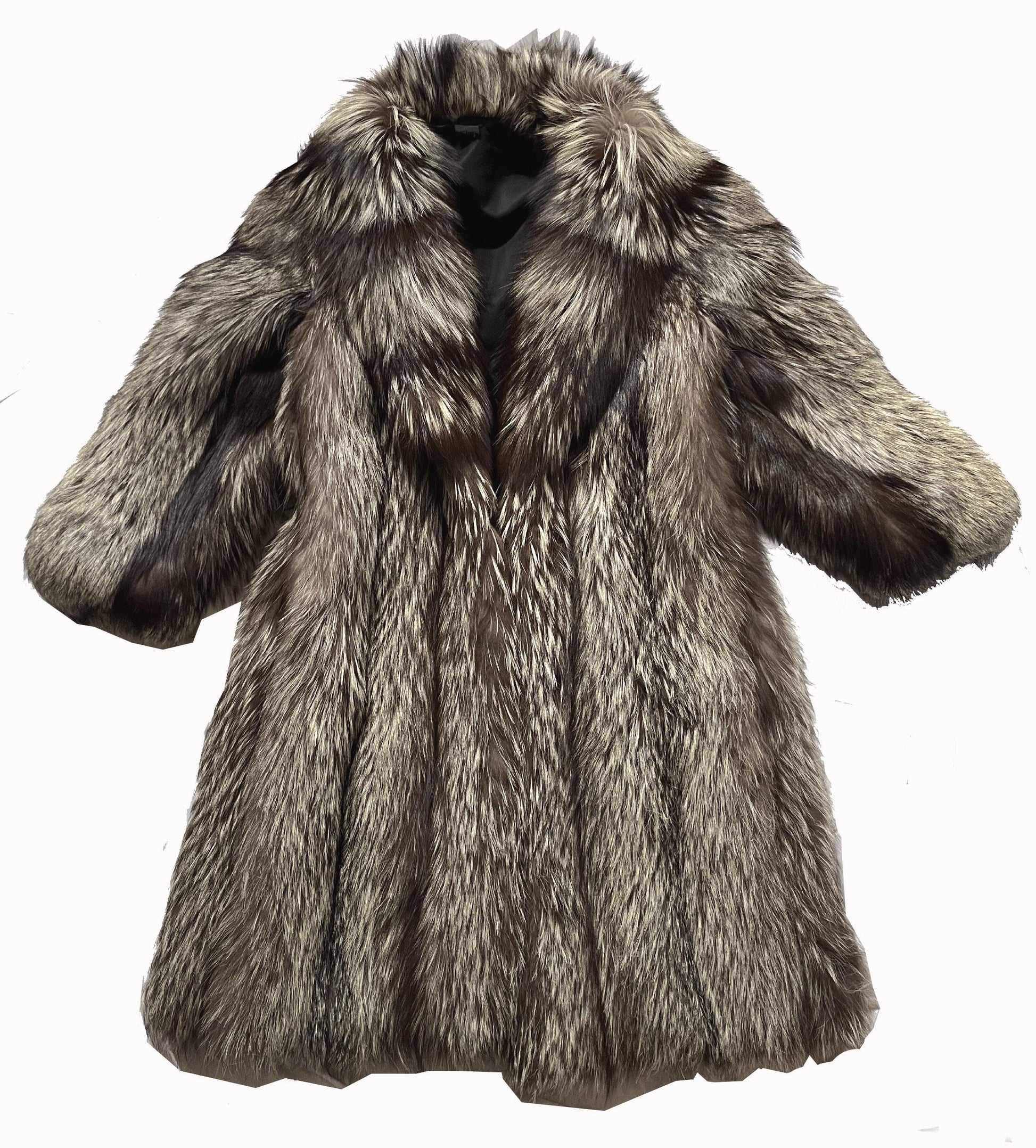 Silver FOX Fur Coat, Brown Vintage Long Jacket, Apres Ski Mob Wife Style, Hollywood Celebrity Party Gift, Full Length, Large XL