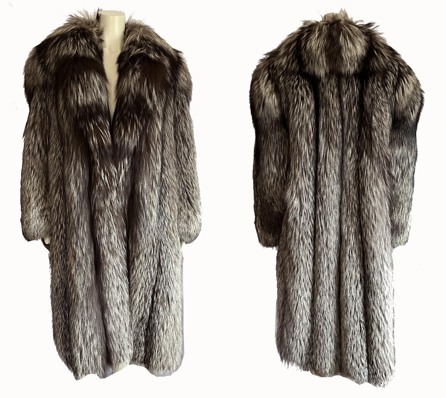 Silver FOX Fur Coat, Brown Vintage Long Jacket, Apres Ski Mob Wife Style, Hollywood Celebrity Party Gift, Full Length, Large XL