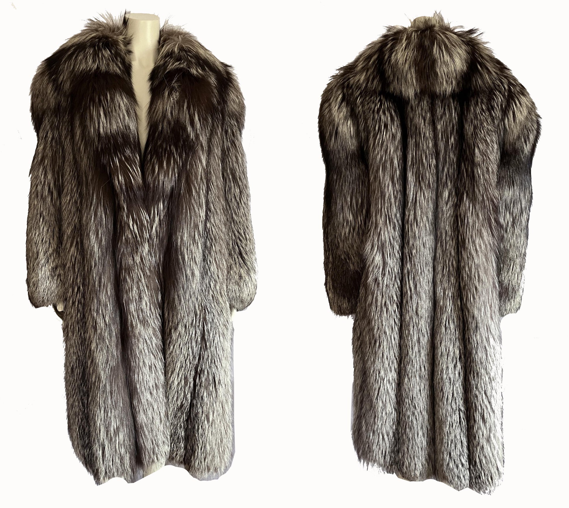 Silver FOX Fur Coat, Brown Vintage Long Jacket, Apres Ski Mob Wife Style, Hollywood Celebrity Party Gift, Full Length, Large XL