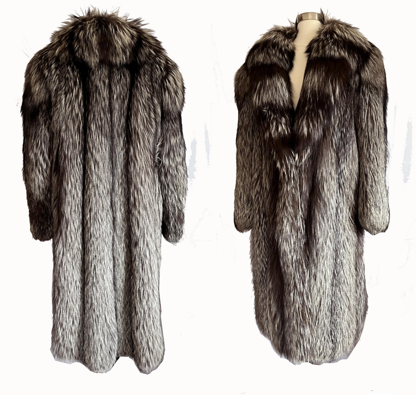 Silver FOX Fur Coat, Brown Vintage Long Jacket, Apres Ski Mob Wife Style, Hollywood Celebrity Party Gift, Full Length, Large XL