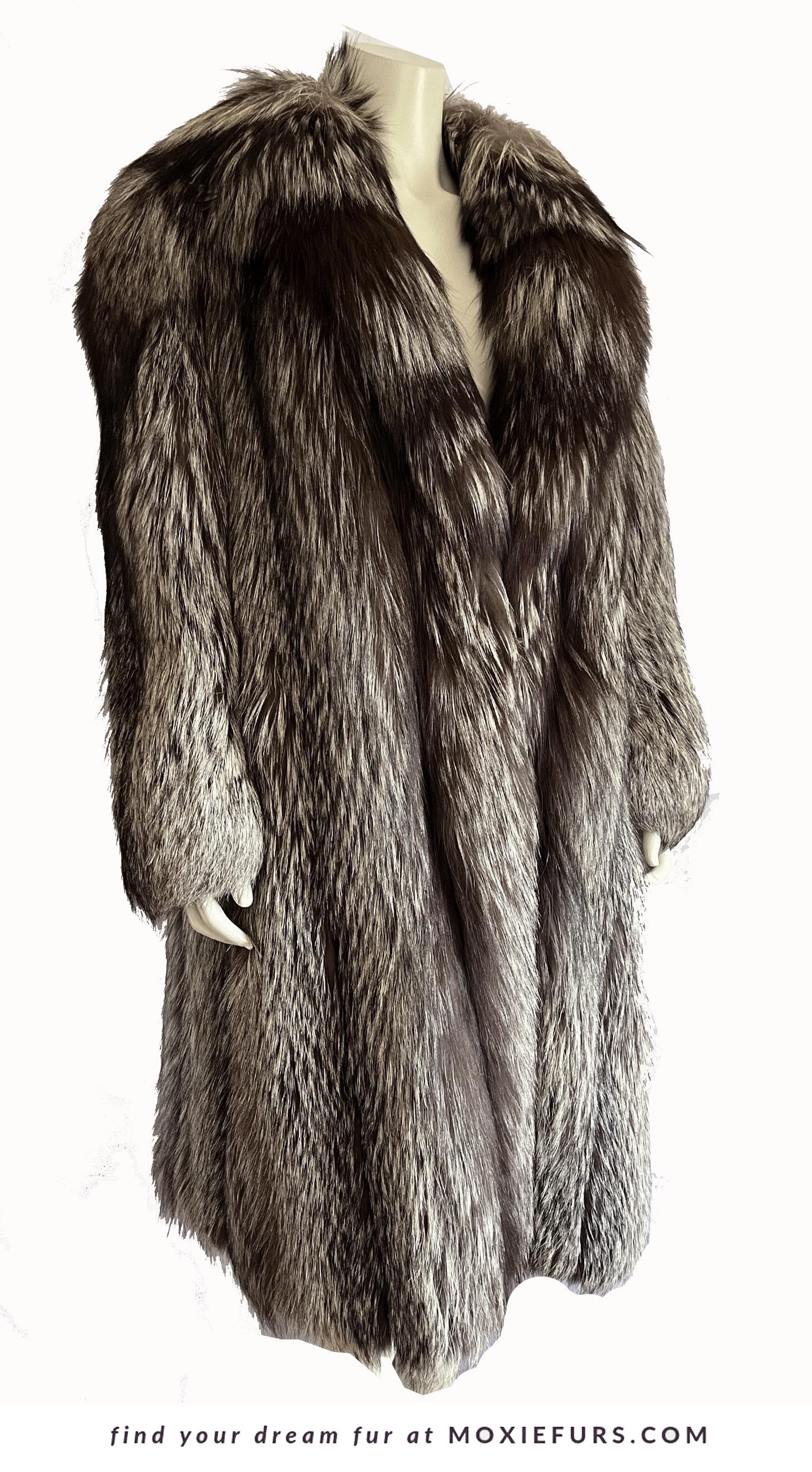 Silver FOX Fur Coat, Brown Vintage Long Jacket, Apres Ski Mob Wife Style, Hollywood Celebrity Party Gift, Full Length, Large XL