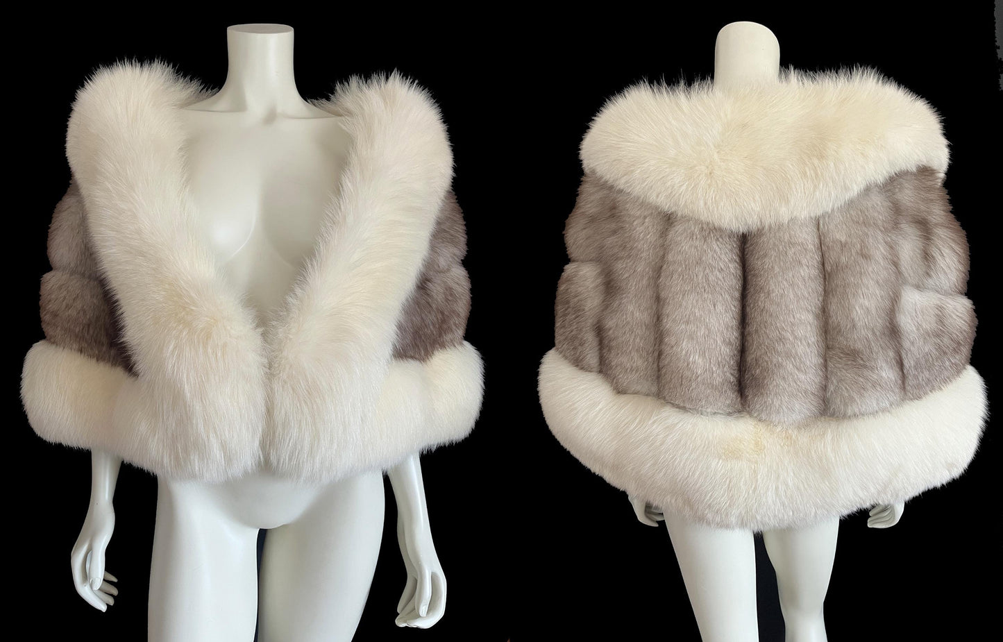 Arctic & Norwegian FOX Fur Cape, Vintage Wedding Stole, Ivory Bridal Bolero Coat, Brown White Apres Ski Jacket Shawl Gift, Large XL