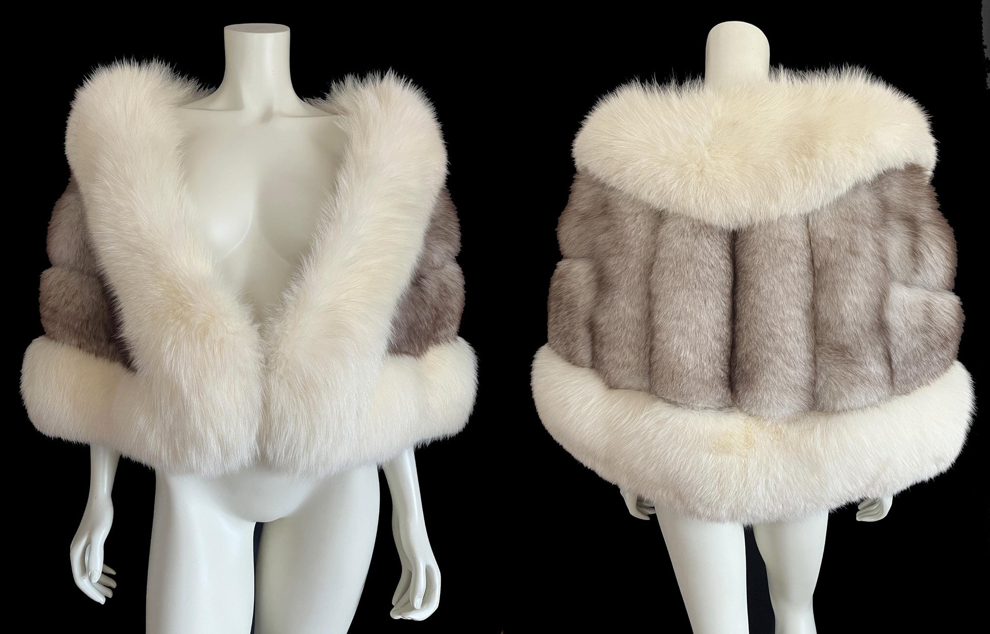 Arctic & Norwegian FOX Fur Cape, Vintage Wedding Stole, Ivory Bridal Bolero Coat, Brown White Apres Ski Jacket Shawl Gift, Large XL