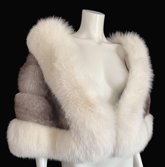 Arctic & Norwegian FOX Fur Cape, Vintage Wedding Stole, Ivory Bridal Bolero Coat, Brown White Apres Ski Jacket Shawl Gift, Large XL