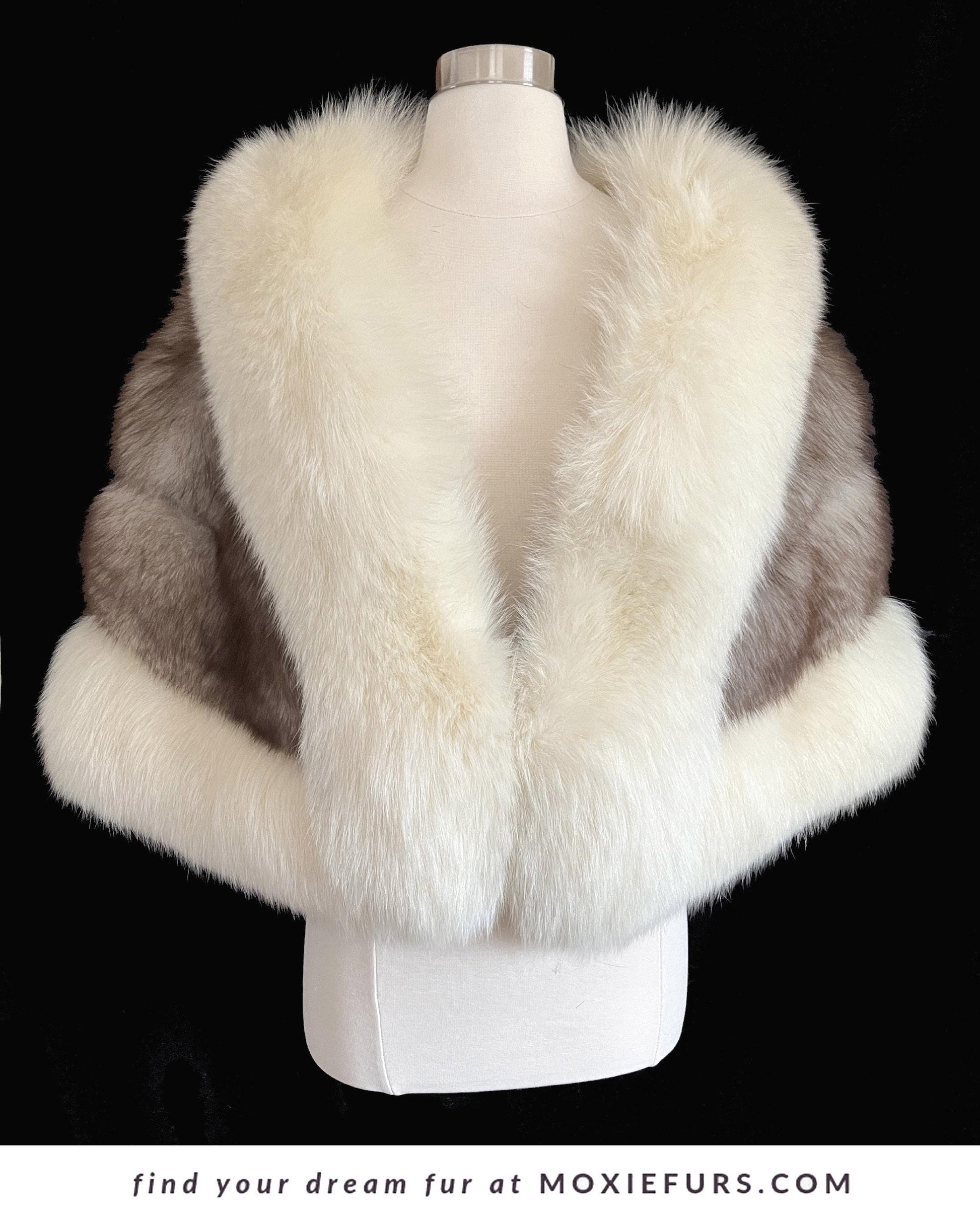 Arctic & Norwegian FOX Fur Cape, Vintage Wedding Stole, Ivory Bridal Bolero Coat, Brown White Apres Ski Jacket Shawl Gift, Large XL