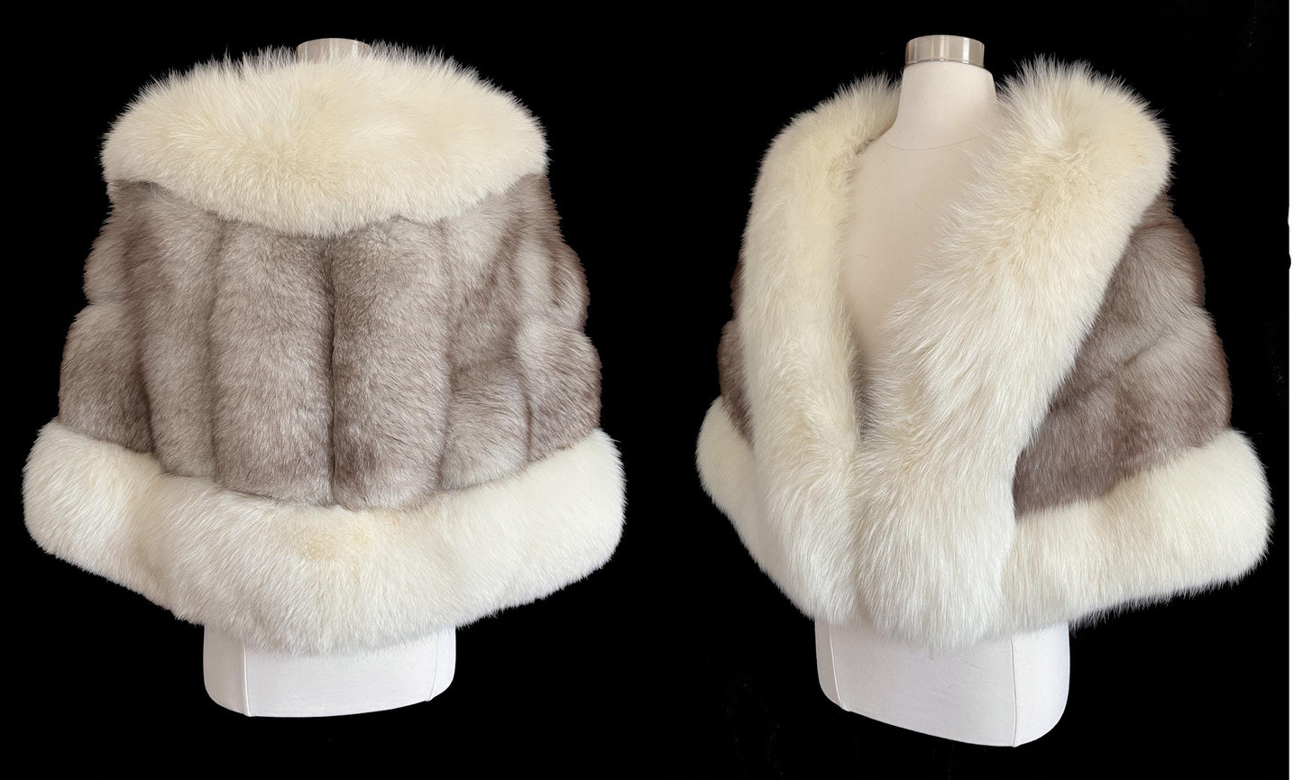 Arctic & Norwegian FOX Fur Cape, Vintage Wedding Stole, Ivory Bridal Bolero Coat, Brown White Apres Ski Jacket Shawl Gift, Large XL