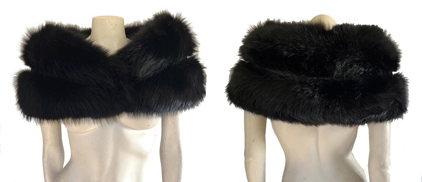Black FOX Fur Stole, Real Vintage Bridal Cape Shawl, Winter Wedding Gift, Mother of the Bride, Vintage Fur Coat Jacket, Small XS