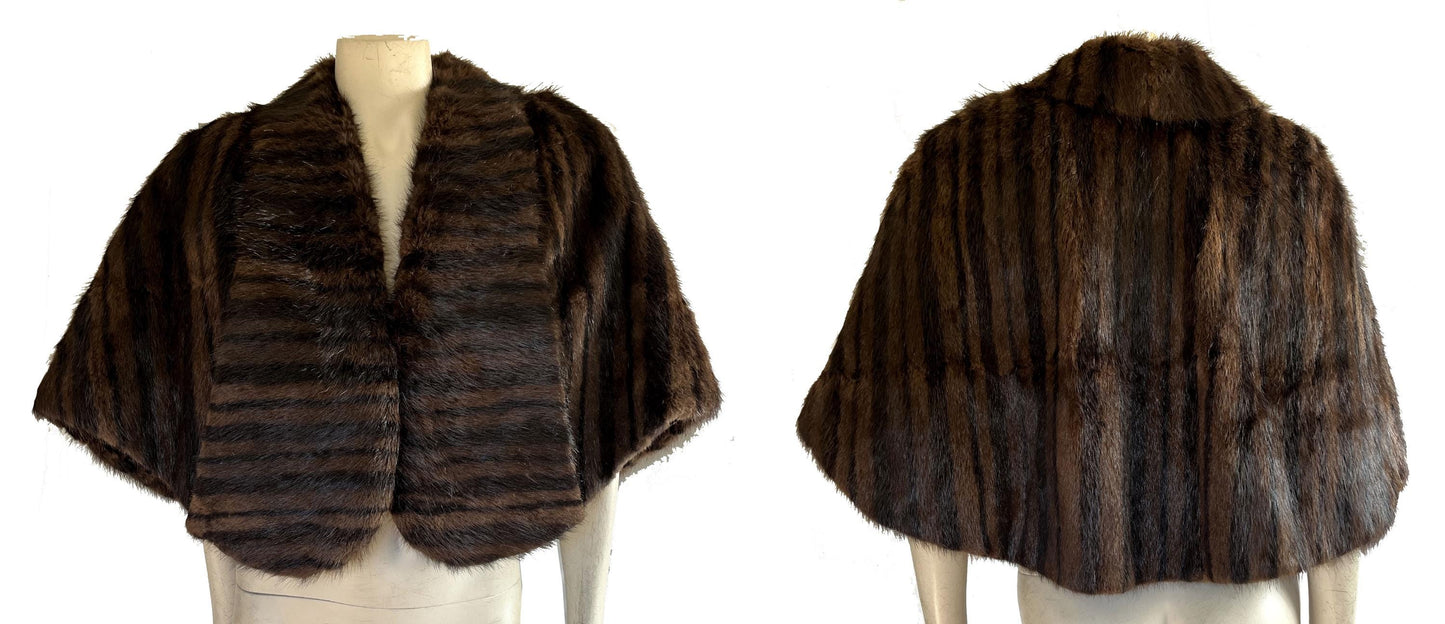 Brown MUSKRAT Striped Fur Cape, Mahogany Vintage Bridal Stole, Mother of the Bride Jacket Gift, Bridesmaid Mink Wedding Shawl