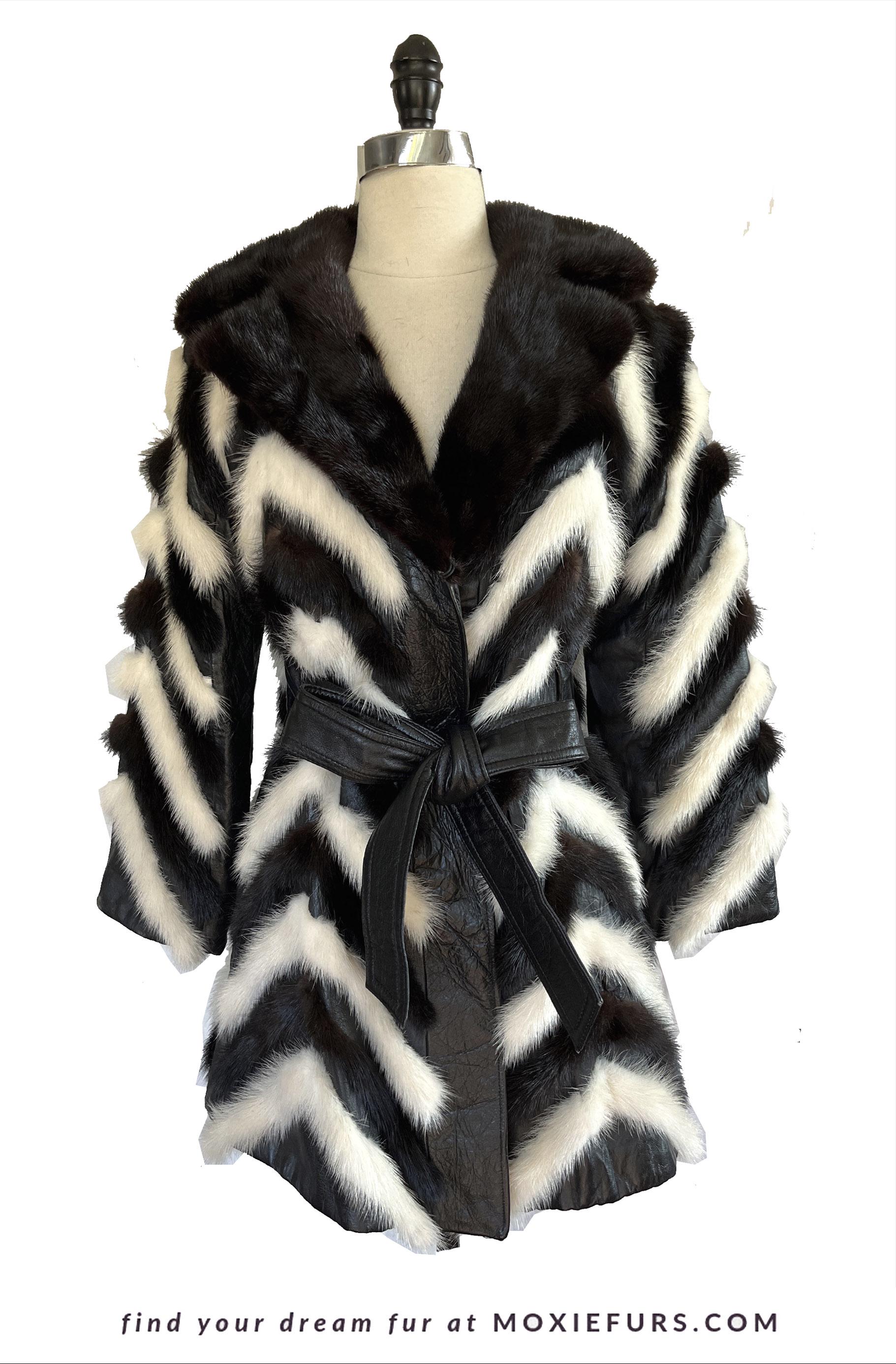 Vintage MINK Fur Coat, Leather Belt Retro Jacket, 1970s Ivory Brown Black, Almost Famous, Wedding Bridal Stole, Mob Wife Style Gift
