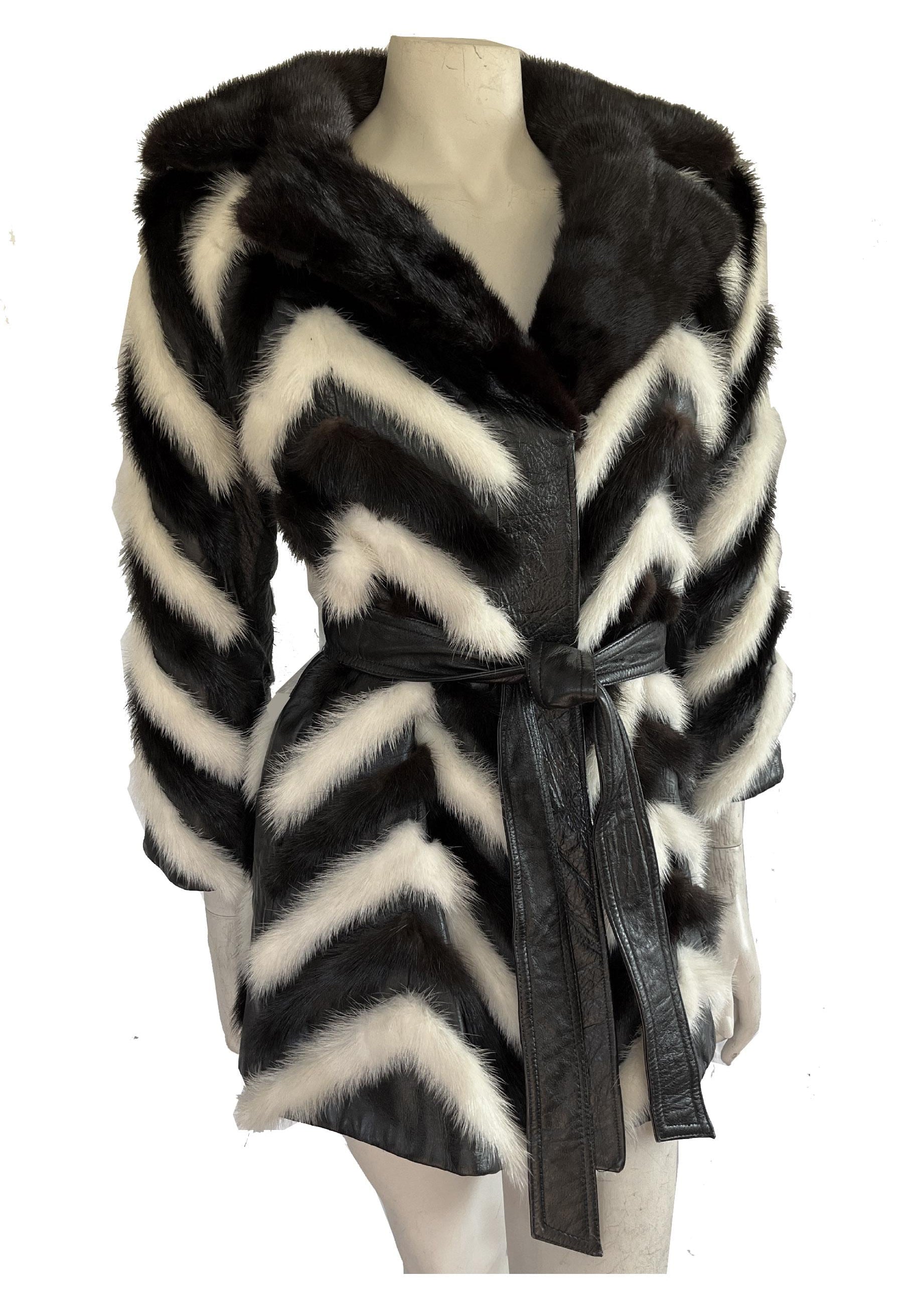 Vintage MINK Fur Coat, Leather Belt Retro Jacket, 1970s Ivory Brown Black, Almost Famous, Wedding Bridal Stole, Mob Wife Style Gift