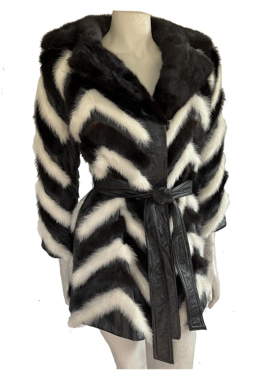 Vintage MINK Fur Coat, Leather Belt Retro Jacket, 1970s Ivory Brown Black, Almost Famous, Wedding Bridal Stole, Mob Wife Style Gift