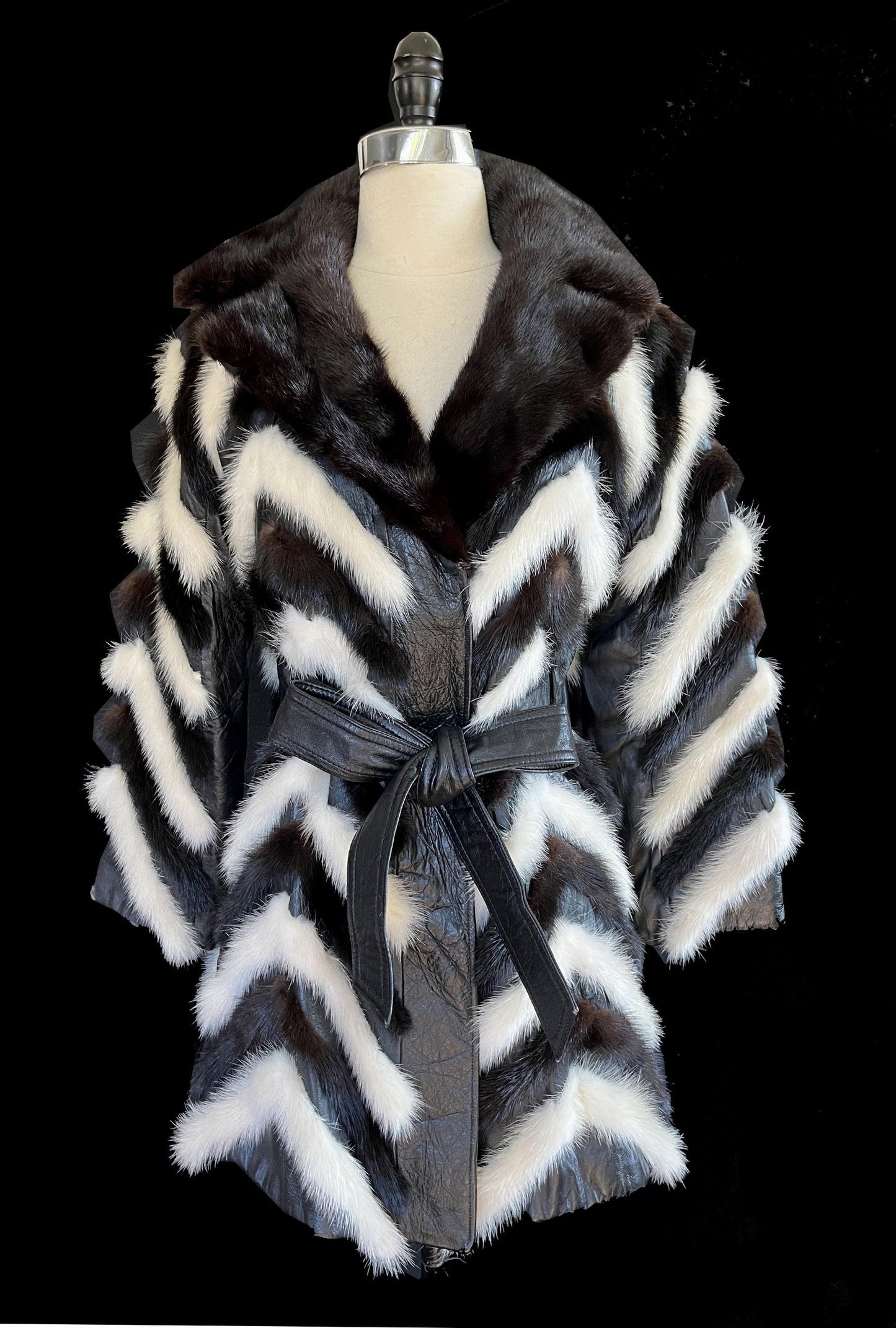 Vintage MINK Fur Coat, Leather Belt Retro Jacket, 1970s Ivory Brown Black, Almost Famous, Wedding Bridal Stole, Mob Wife Style Gift