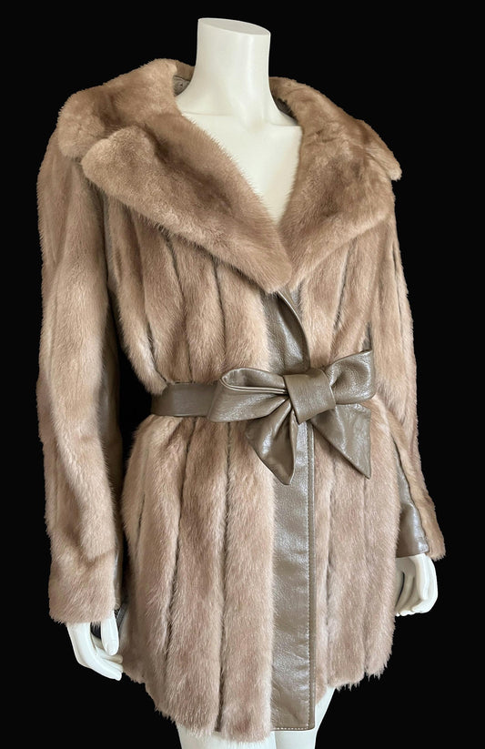 Brown MINK Fur Leather Coat, 1970s Pastel Real Vintage Jacket, Rustic Autumn Haze Wedding Bridal, Mob Wife Style Gift, Large XL